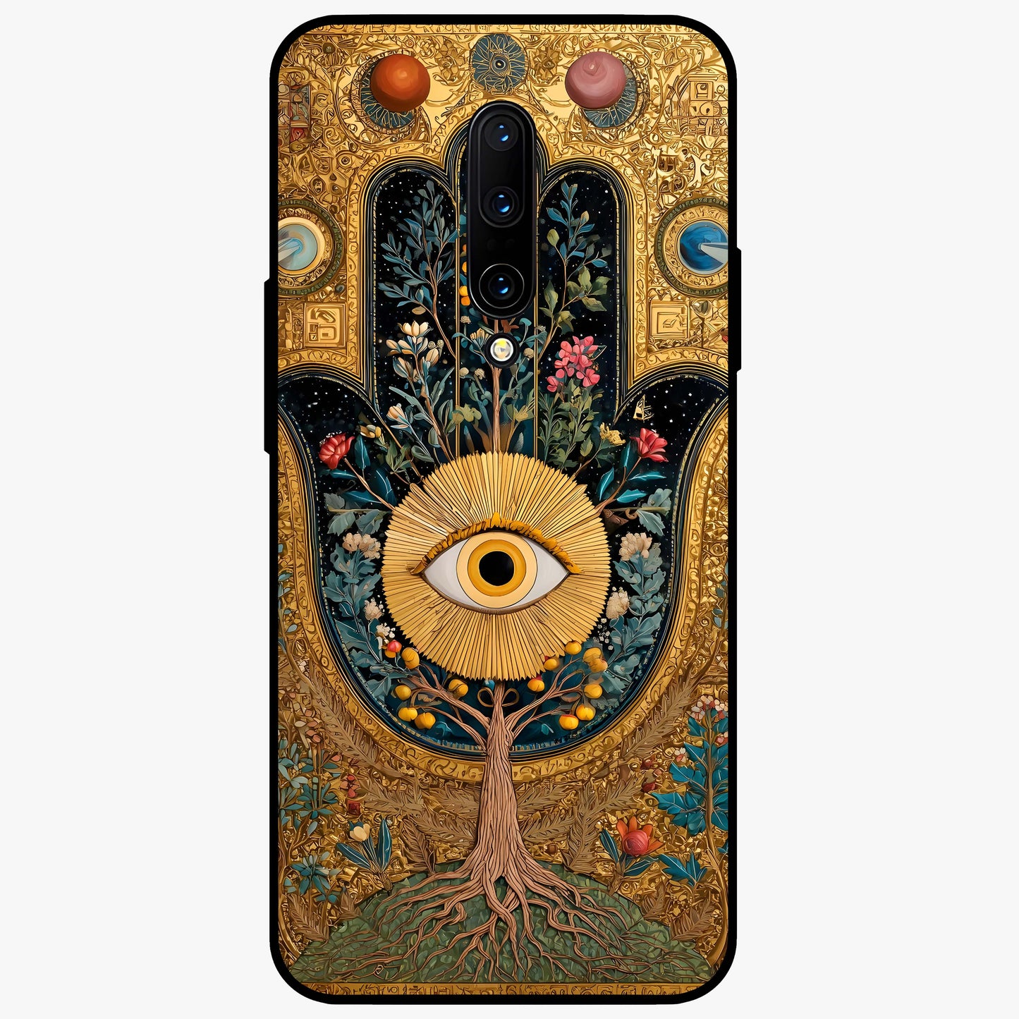 Ethereal Evil Eye Glass Case showing flat back view with mystical evil eye artwork and glossy glass finish.