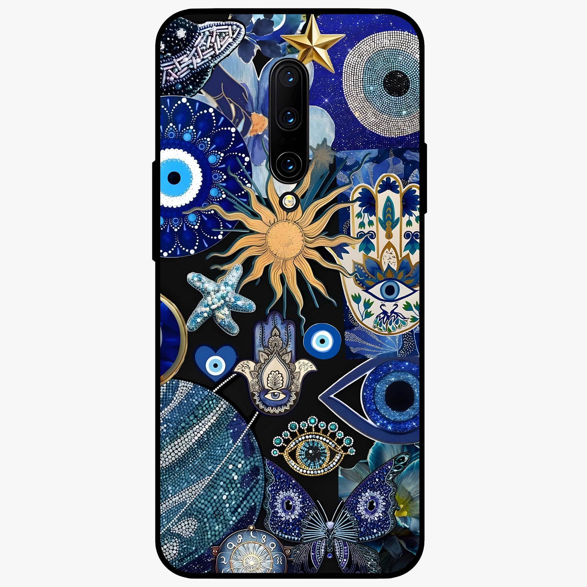 Evil Eye Charm Mix Glass Case showing flat back view with multiple evil eye charms artwork and glossy glass finish.