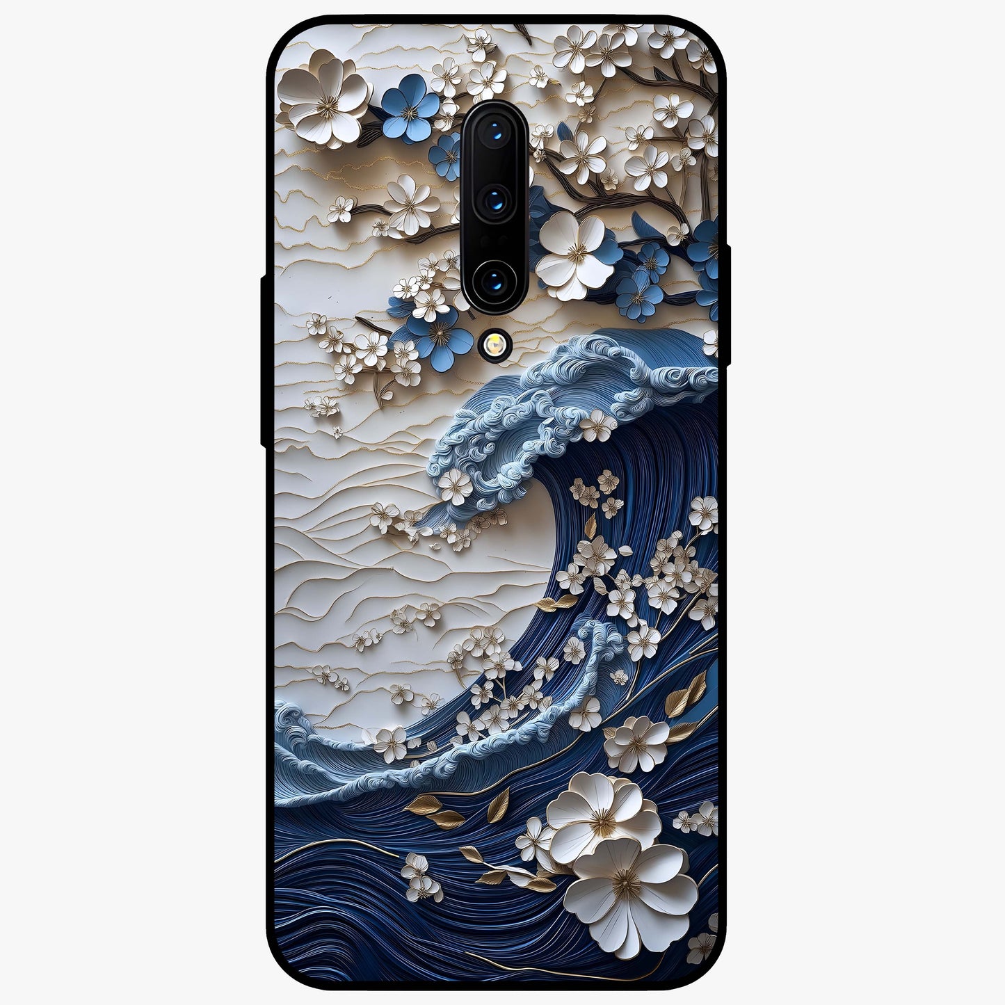 Floral Wave Origami Glass Case showing flat back view with origami inspired floral wave artwork and glossy glass finish.