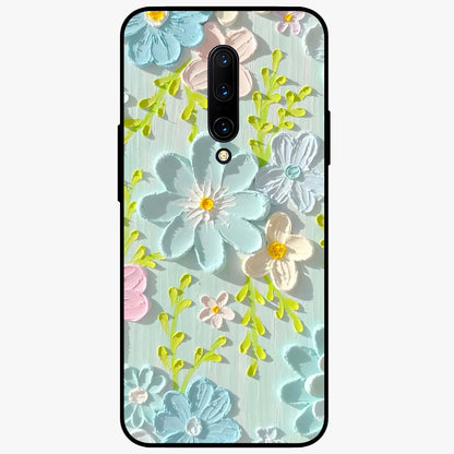 Frosted Petal Garden Glass Case showing flat back view with soft frosted floral artwork and glossy glass finish.