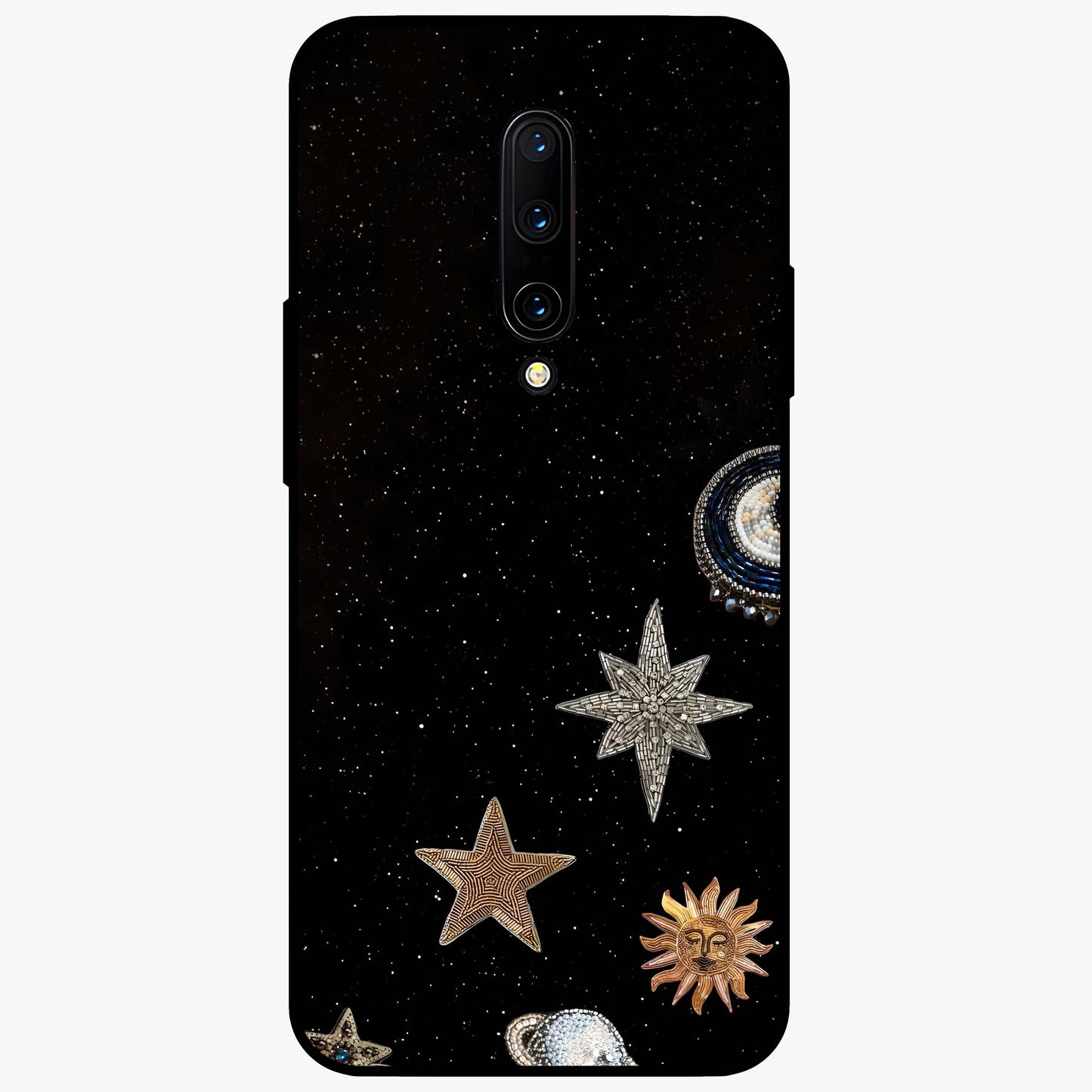 Galactic Charm Glow Glass Case showing flat back view with glowing celestial charm artwork and glossy glass finish.