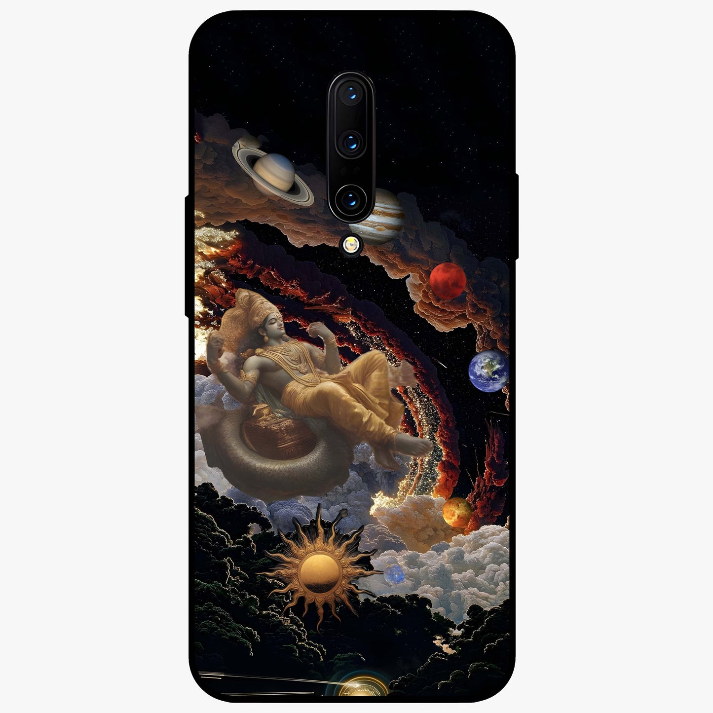 Galactic Divine God Glass Case showing flat back view with divine cosmic themed artwork and glossy glass finish.
