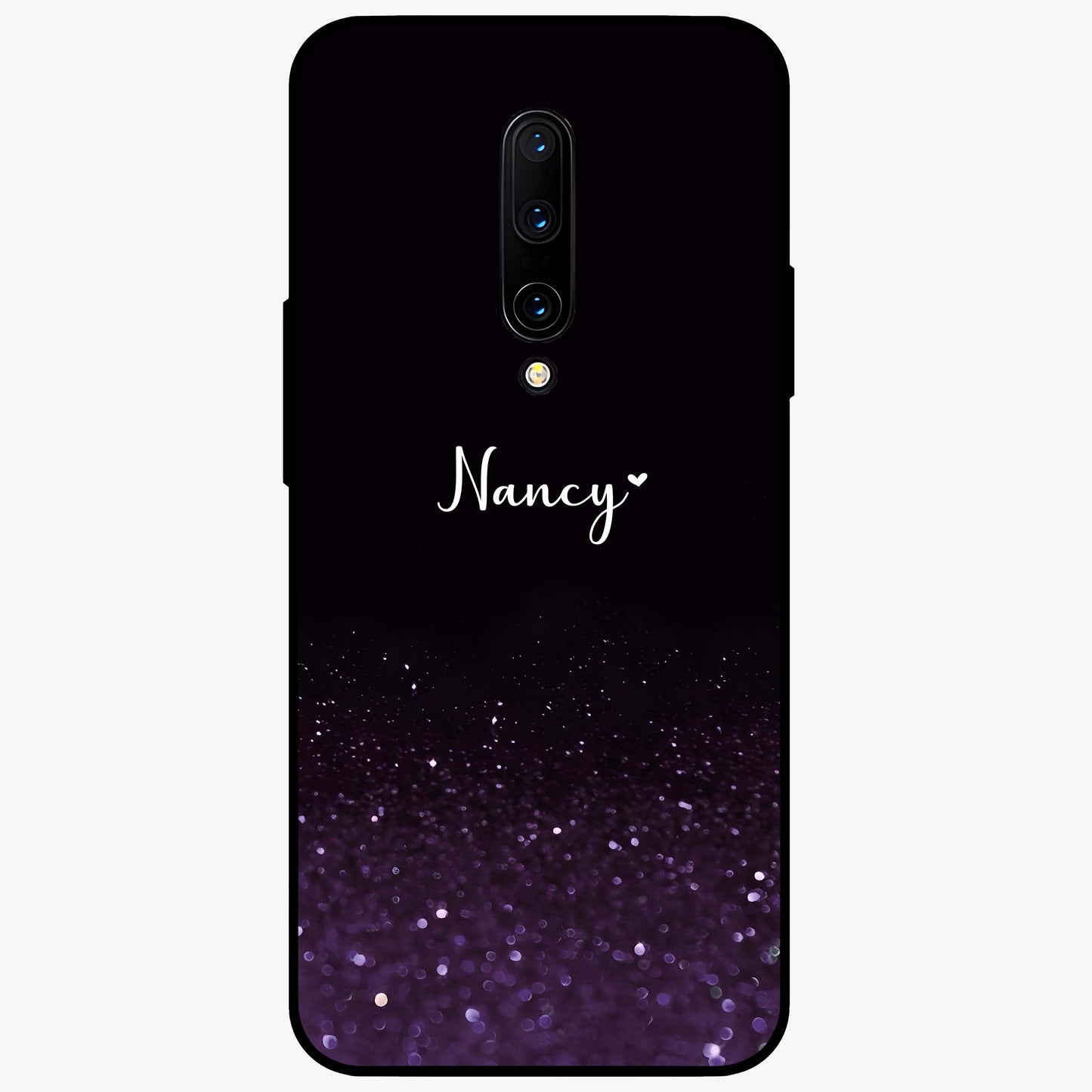 Glittery Purple Bokeh Custom Name Glass Case showing flat back view with purple bokeh sparkle artwork and personalized name design.