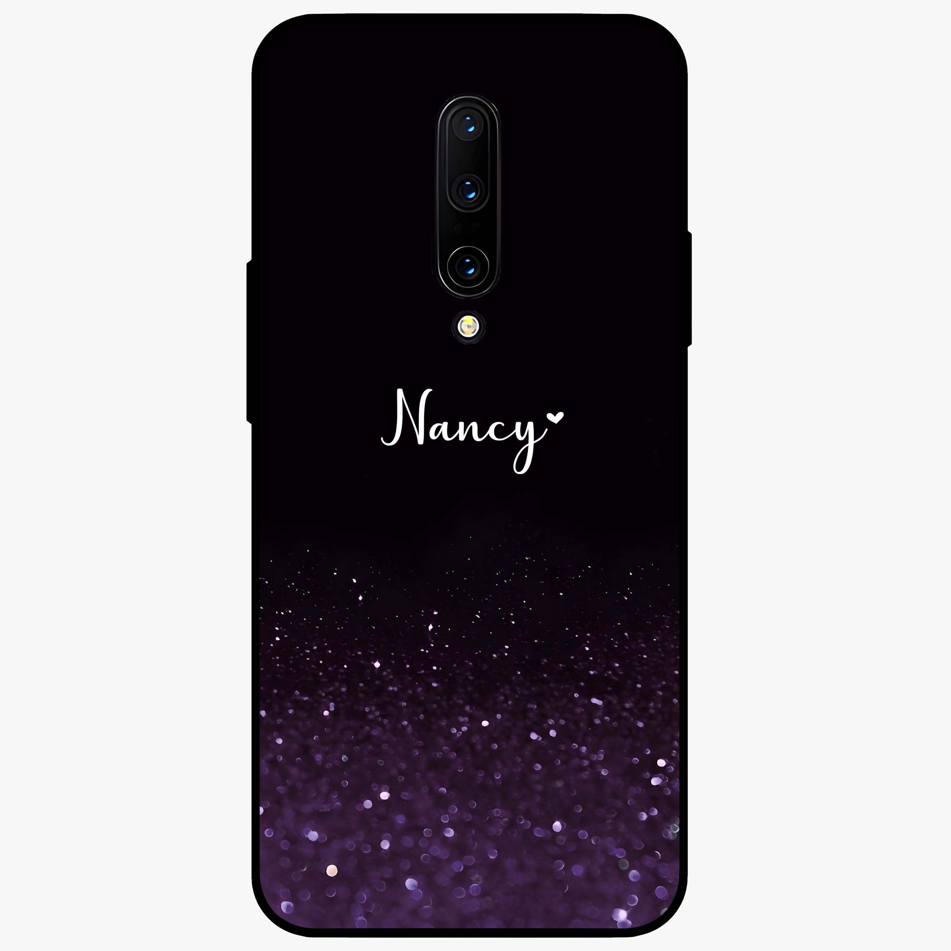 Glittery Purple Bokeh Custom Name Glass Case showing flat back view with purple bokeh sparkle artwork and personalized name design.