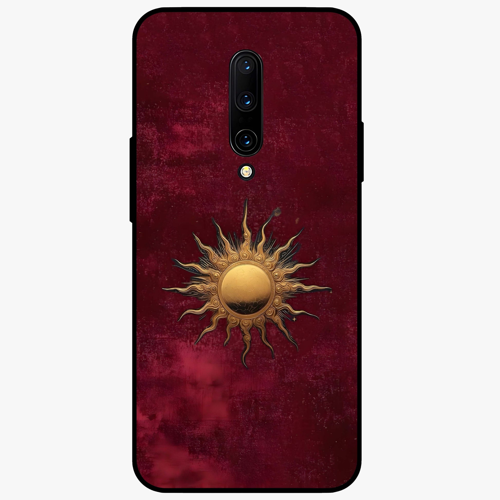 Gold Sun Blush Glass Case showing flat back view with golden sun inspired artwork and glossy glass finish.