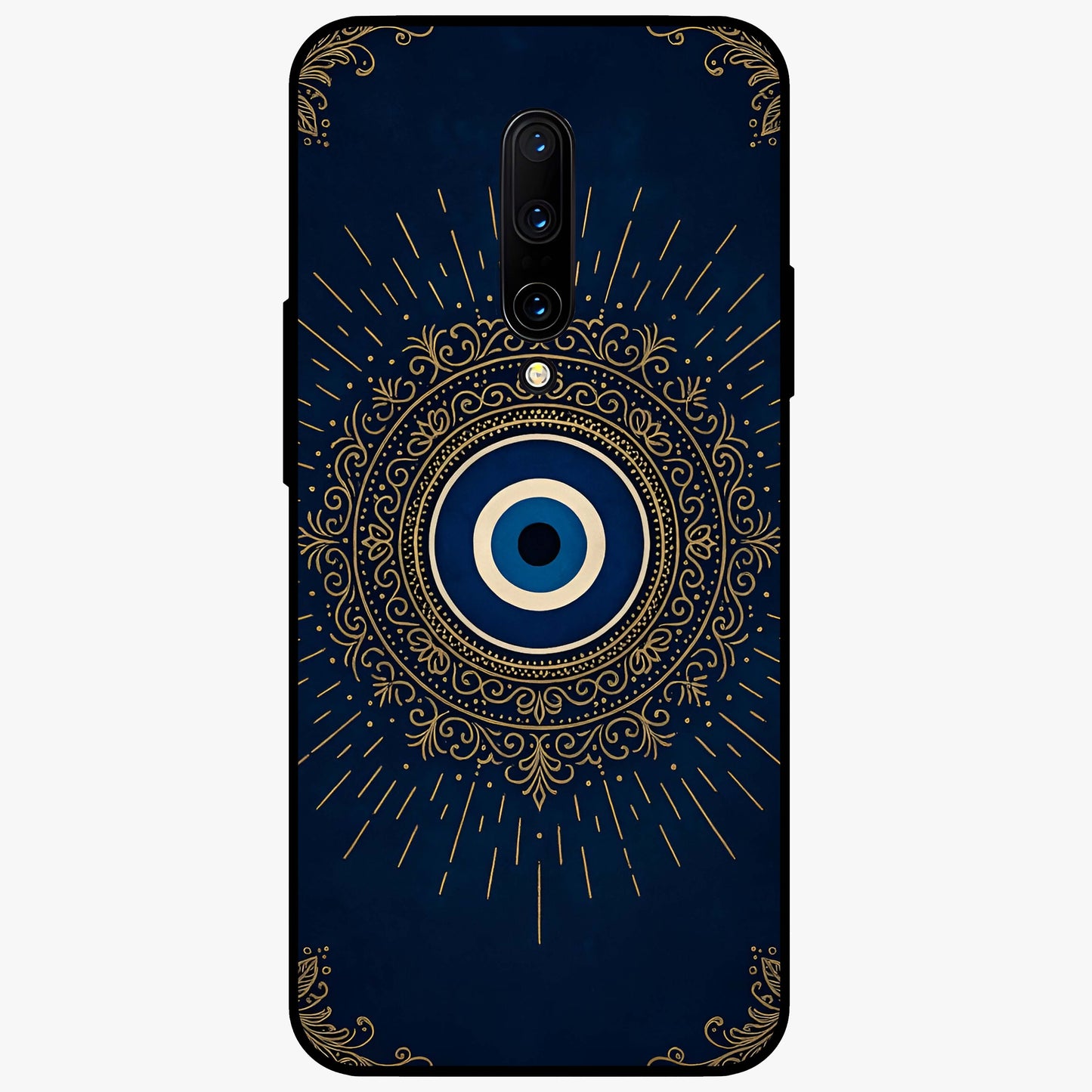 Golden Evil Eye Mandala Glass Case showing flat back view with intricate evil eye mandala artwork and glossy glass finish.