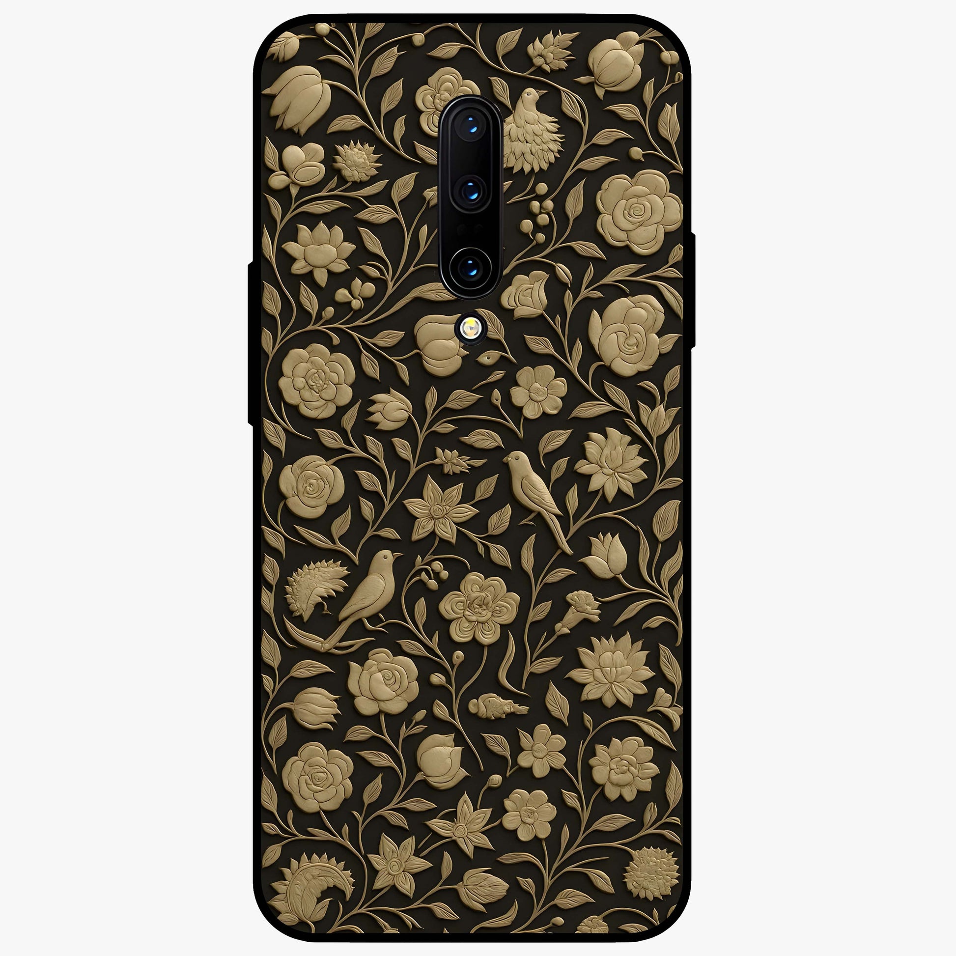 Golden Floral Majesty Glass Case showing flat back view with luxurious golden floral artwork and glossy glass finish.