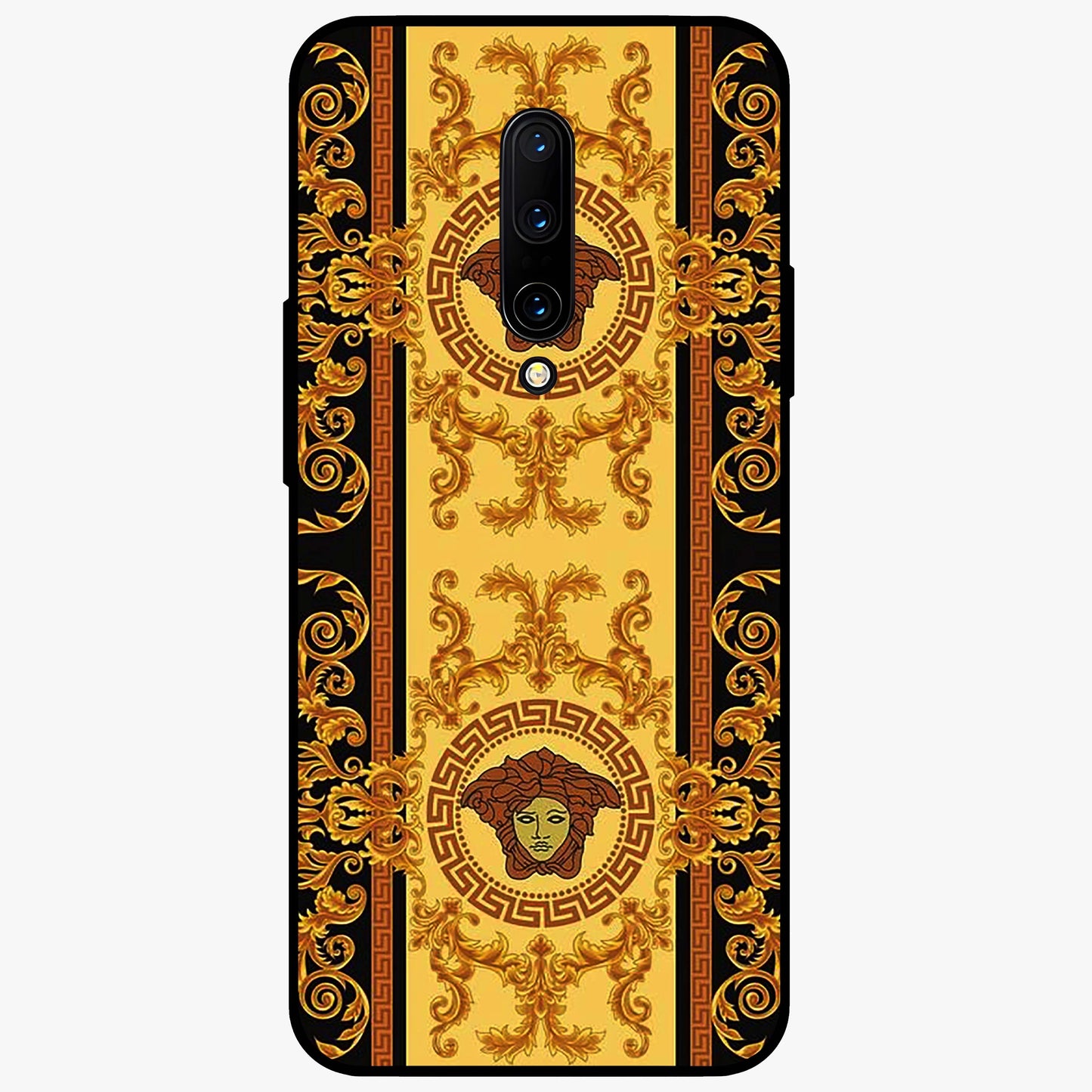 Golden Royal Heritage Glass Case showing flat back view with ornate royal pattern artwork and glossy glass finish.
