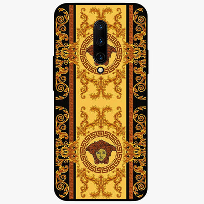 Golden Royal Heritage Glass Case showing flat back view with ornate royal pattern artwork and glossy glass finish.