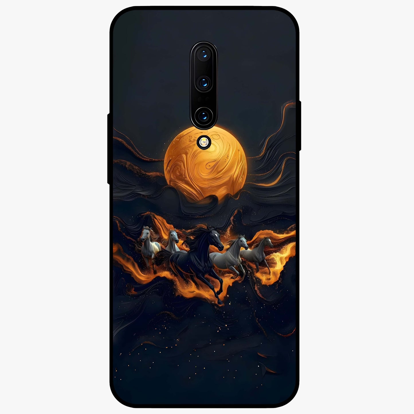 Golden Stallion Moonride Glass Case showing flat back view with majestic horse under moonlight artwork and glossy glass finish.