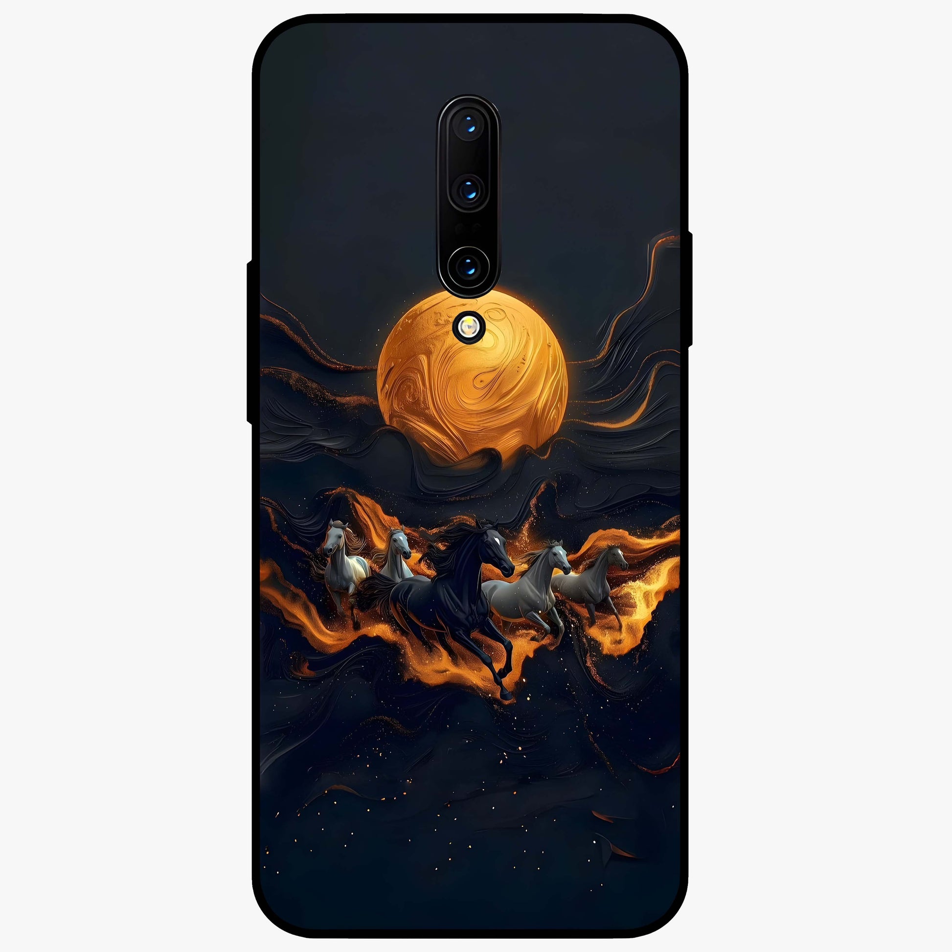 Golden Stallion Moonride Glass Case showing flat back view with majestic horse under moonlight artwork and glossy glass finish.