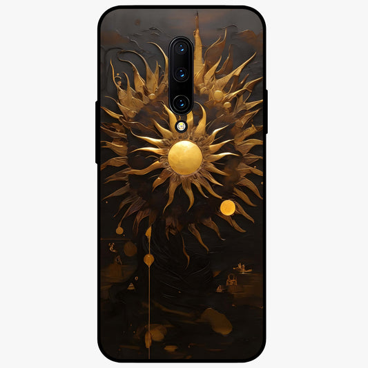 Golden Sun Majesty Glass Case showing flat back view with radiant golden sun artwork and glossy glass finish.