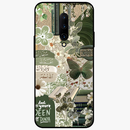 Green Islamic Books Quotes Glass Case showing flat back view with Islamic quotes and book themed artwork and glossy glass finish.