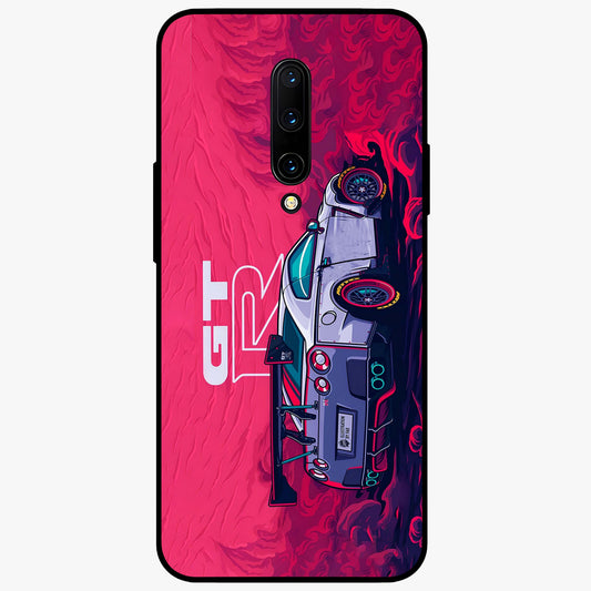 GT-R Car Pattern Glass Case showing flat back view with sporty car inspired pattern artwork and glossy glass finish.