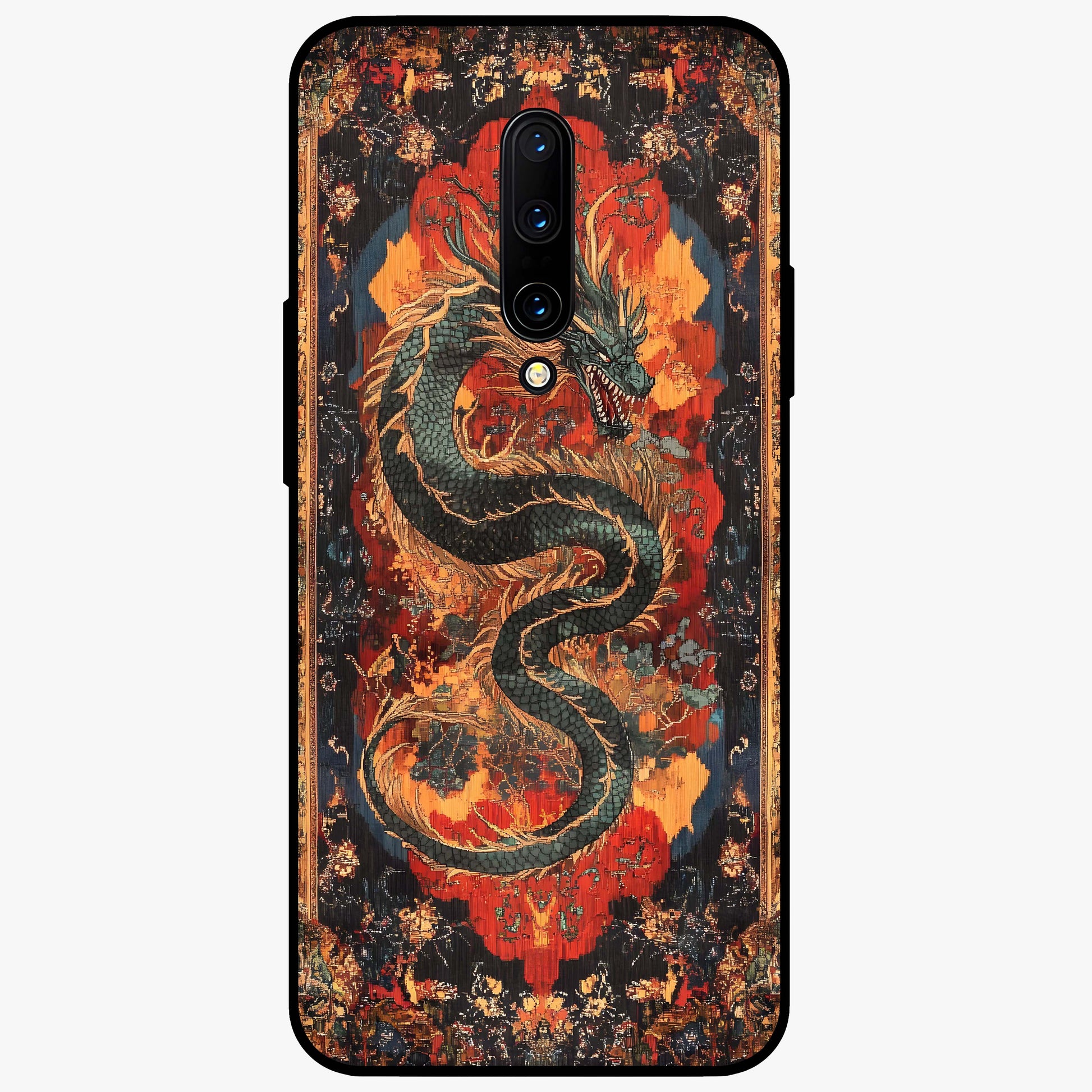 Inferno Dragon Soul Glass Case showing flat back view with fiery dragon artwork and glossy glass finish.