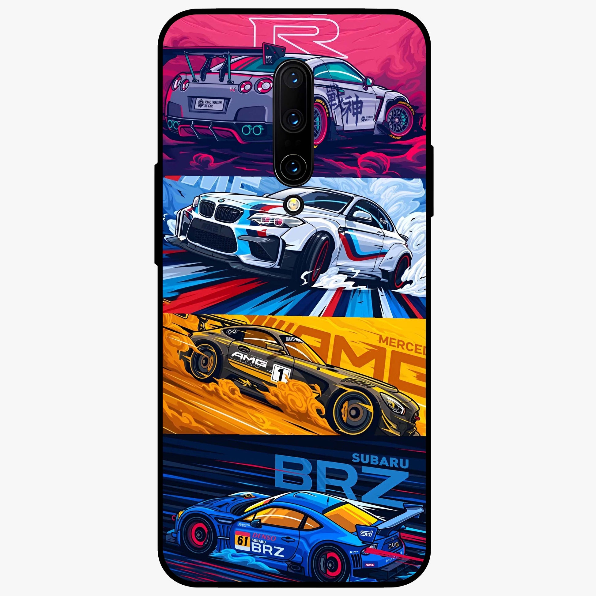 JDM Sports Car Glass Case showing flat back view with high performance sports car artwork and glossy glass finish.