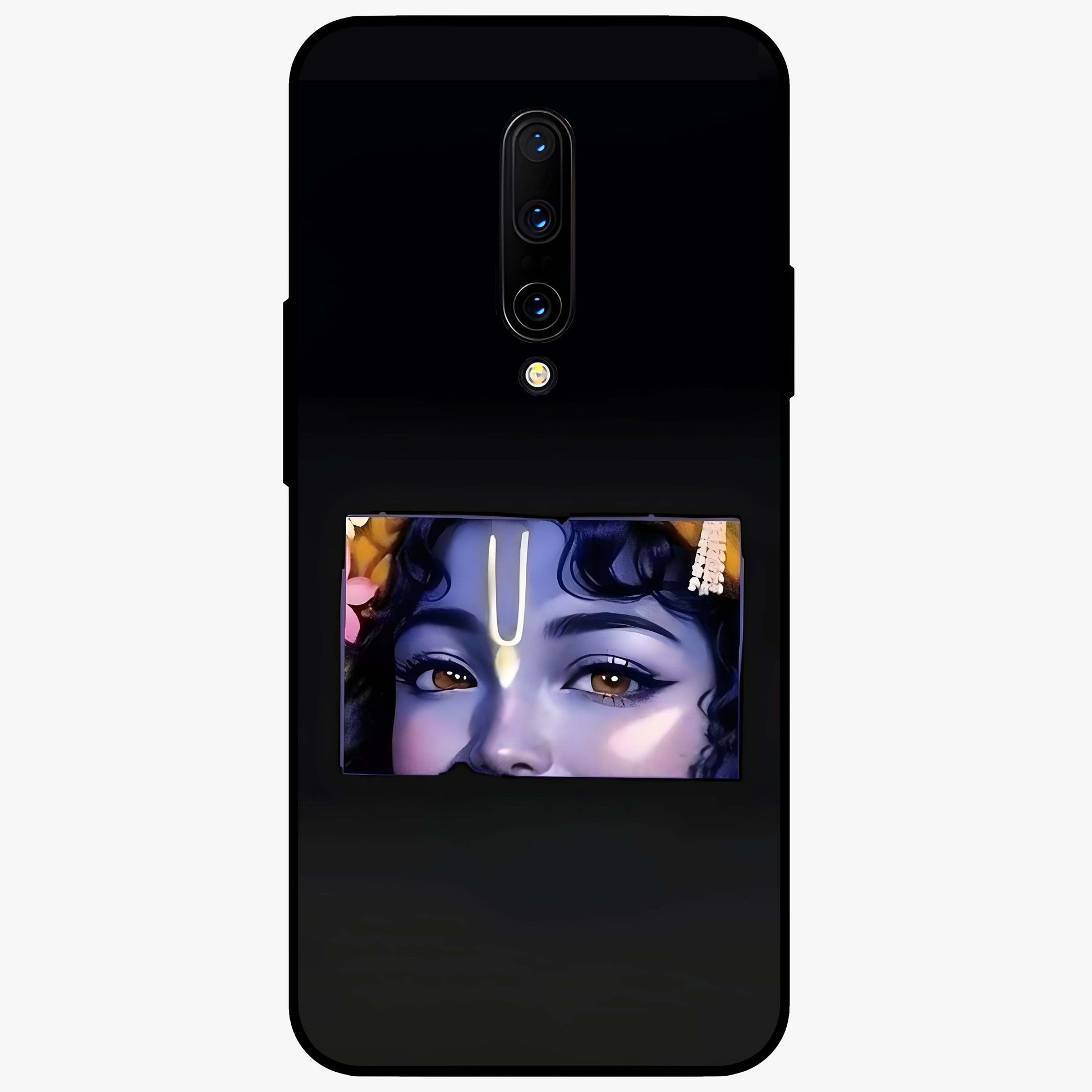 Krishna Divine Embrace Glass Case showing flat back view with Lord Krishna devotional artwork and glossy glass finish.