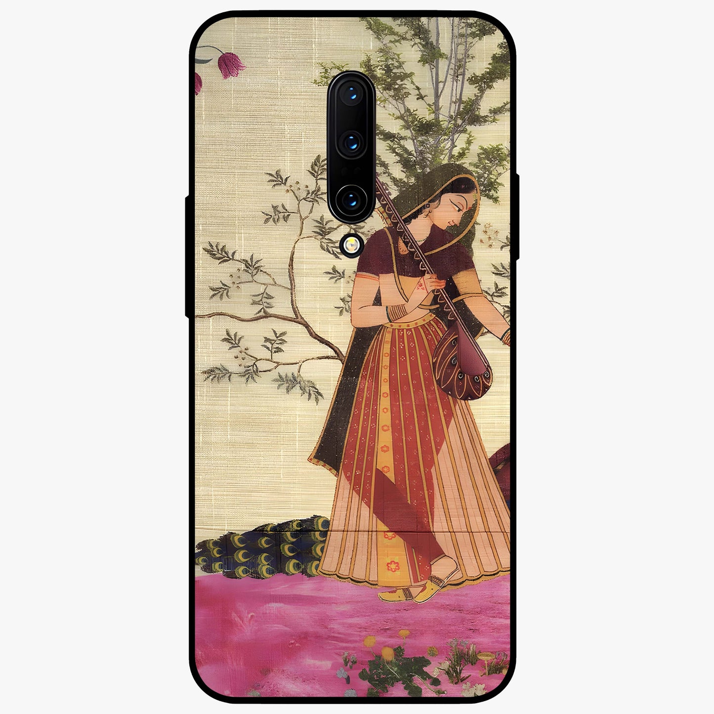 Lady With Veena Art Glass Case showing flat back view with elegant woman playing veena artwork and glossy glass finish.