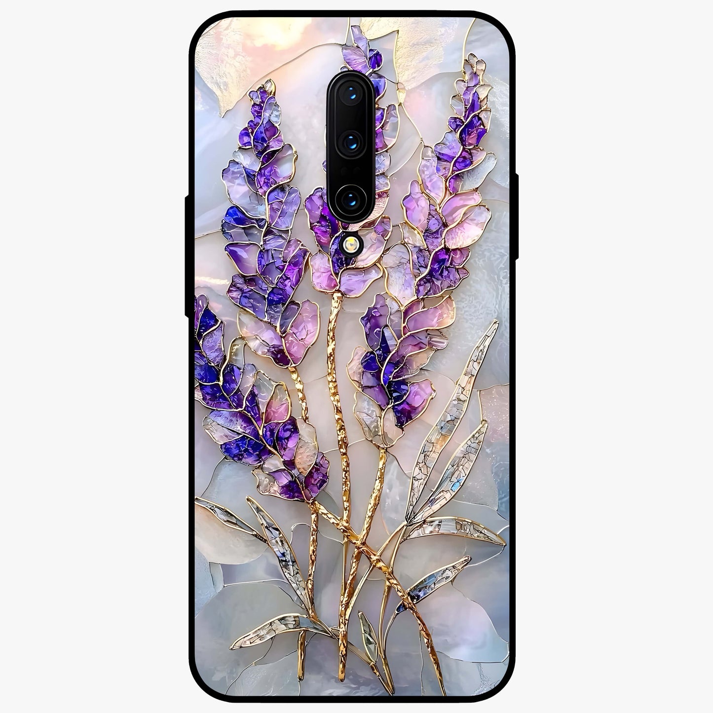 Lavender Dream Glow Glass Case showing flat back view with glowing lavender aesthetic artwork and glossy glass finish.