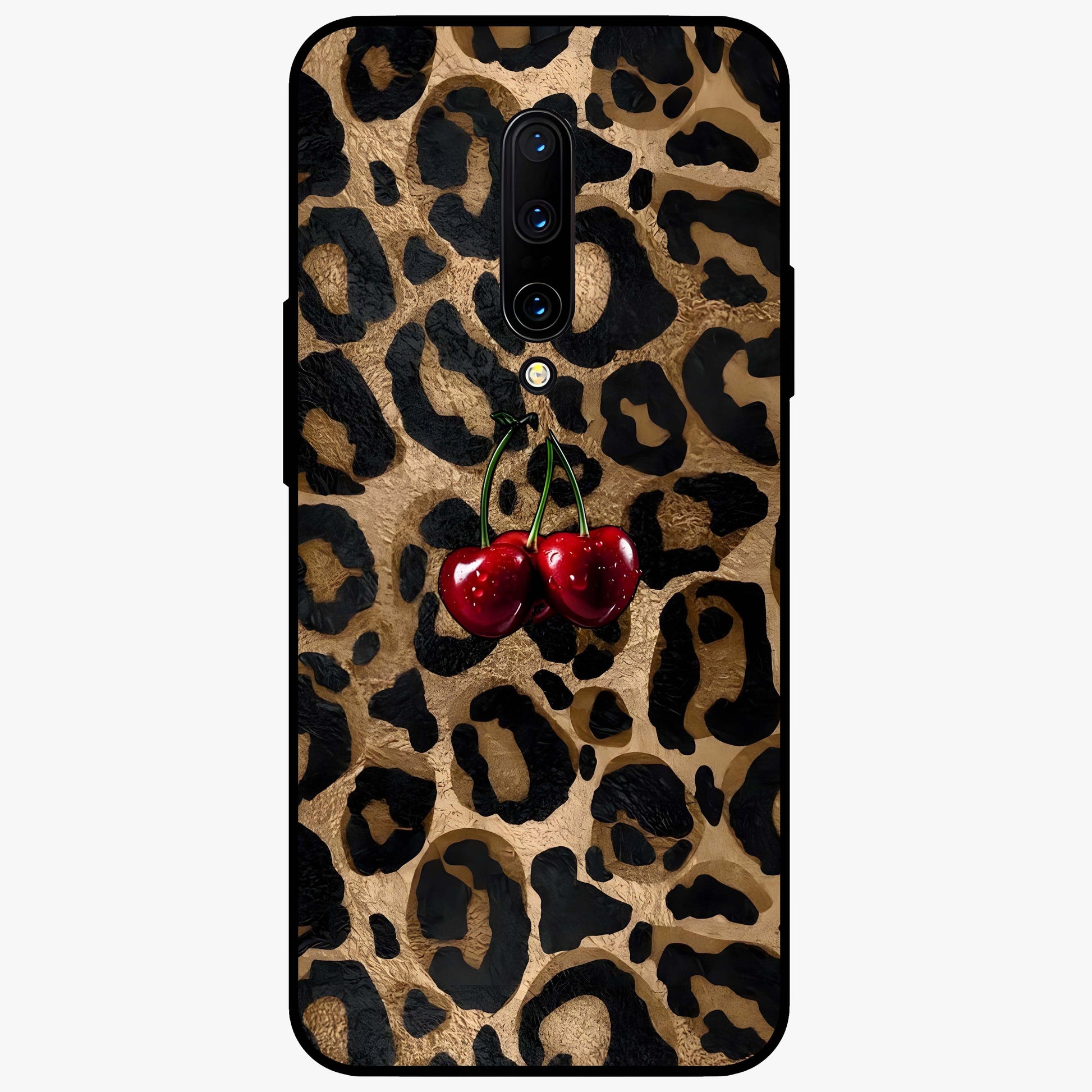 Leopard Wild Cherry Glass Case showing flat back view with leopard pattern and cherry artwork and glossy glass finish.