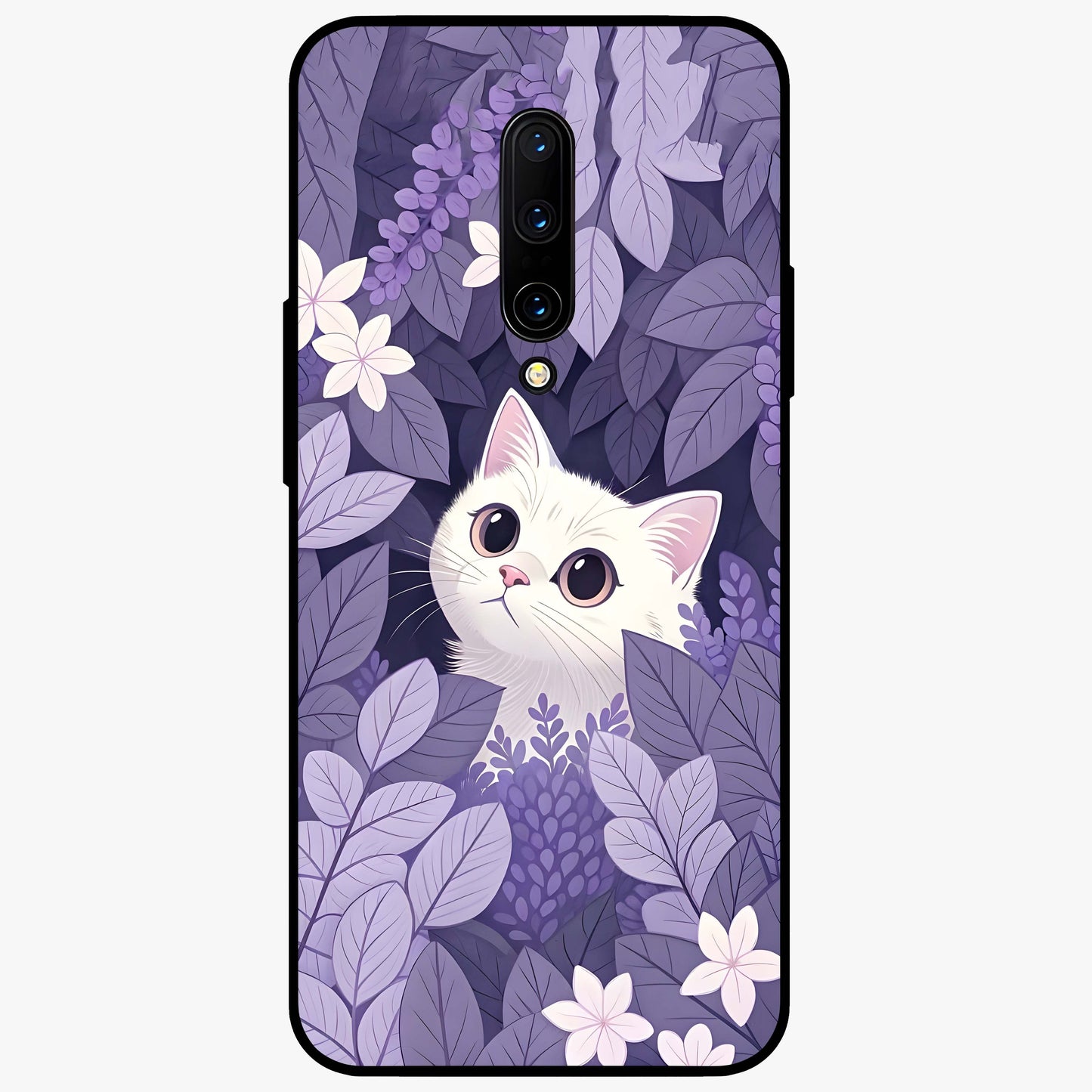 Lilac Hide Peek Cat Glass Case showing flat back view with cute peeking cat artwork and glossy glass finish.