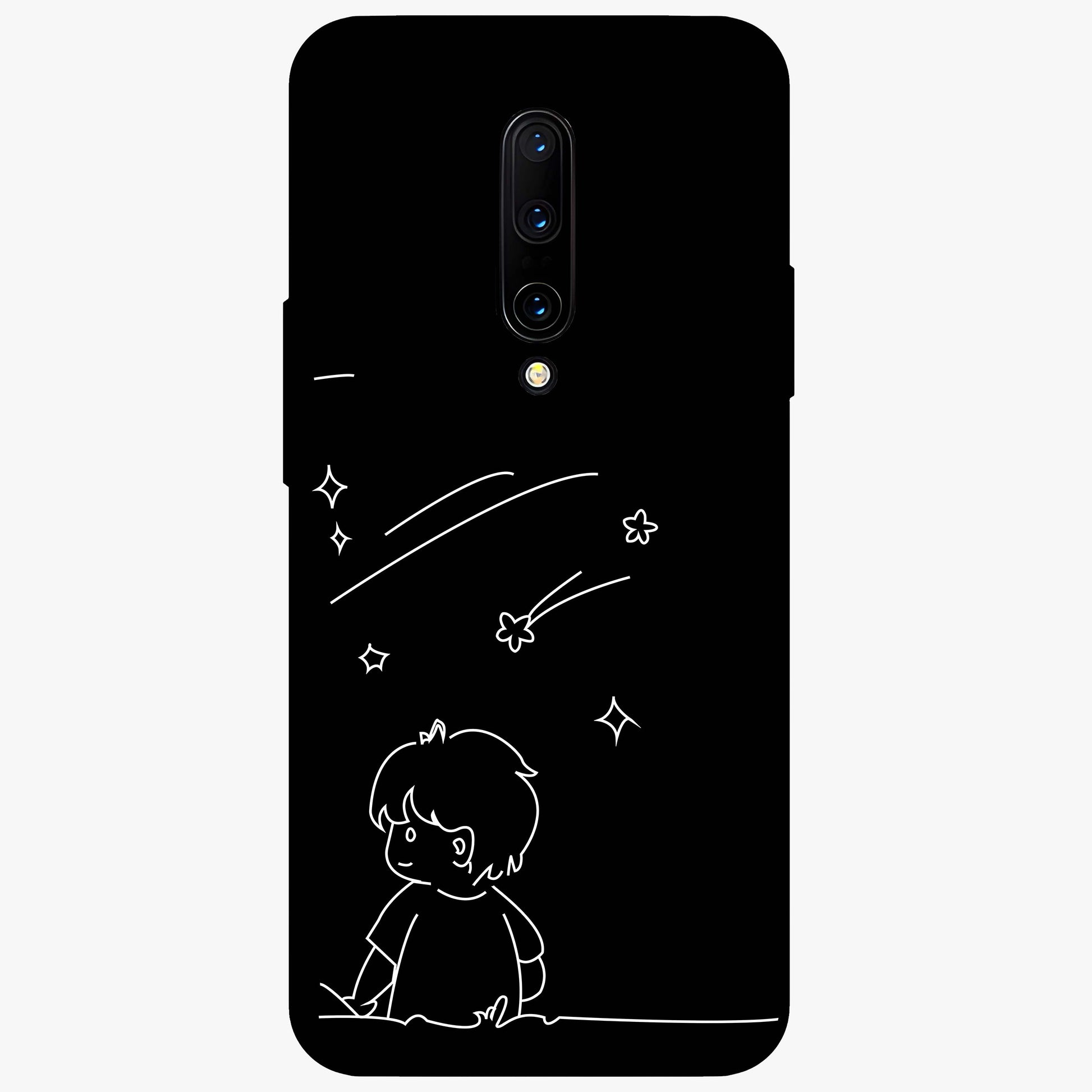 Line Art Boy With Shooting Stars Glass Case showing flat back view with minimal line art boy and shooting stars illustration and glossy glass finish.