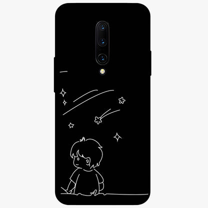 Line Art Boy With Shooting Stars Glass Case showing flat back view with minimal line art boy and shooting stars illustration and glossy glass finish.
