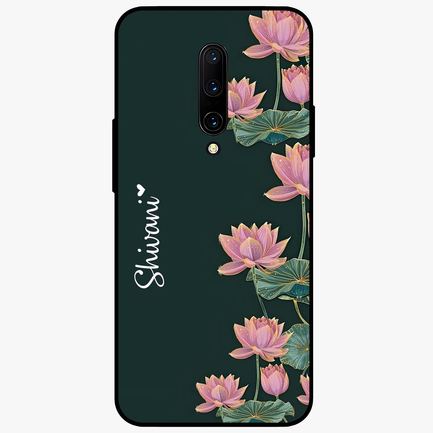 Lotus Bloom Serenity Custom Name Glass Case showing flat back view with elegant lotus flower artwork and personalized name design.
