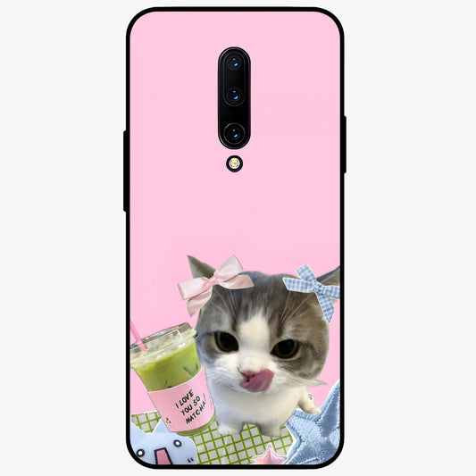 Love Matcha Cat Glass Case showing flat back view with cute cat and matcha themed artwork and glossy glass finish.