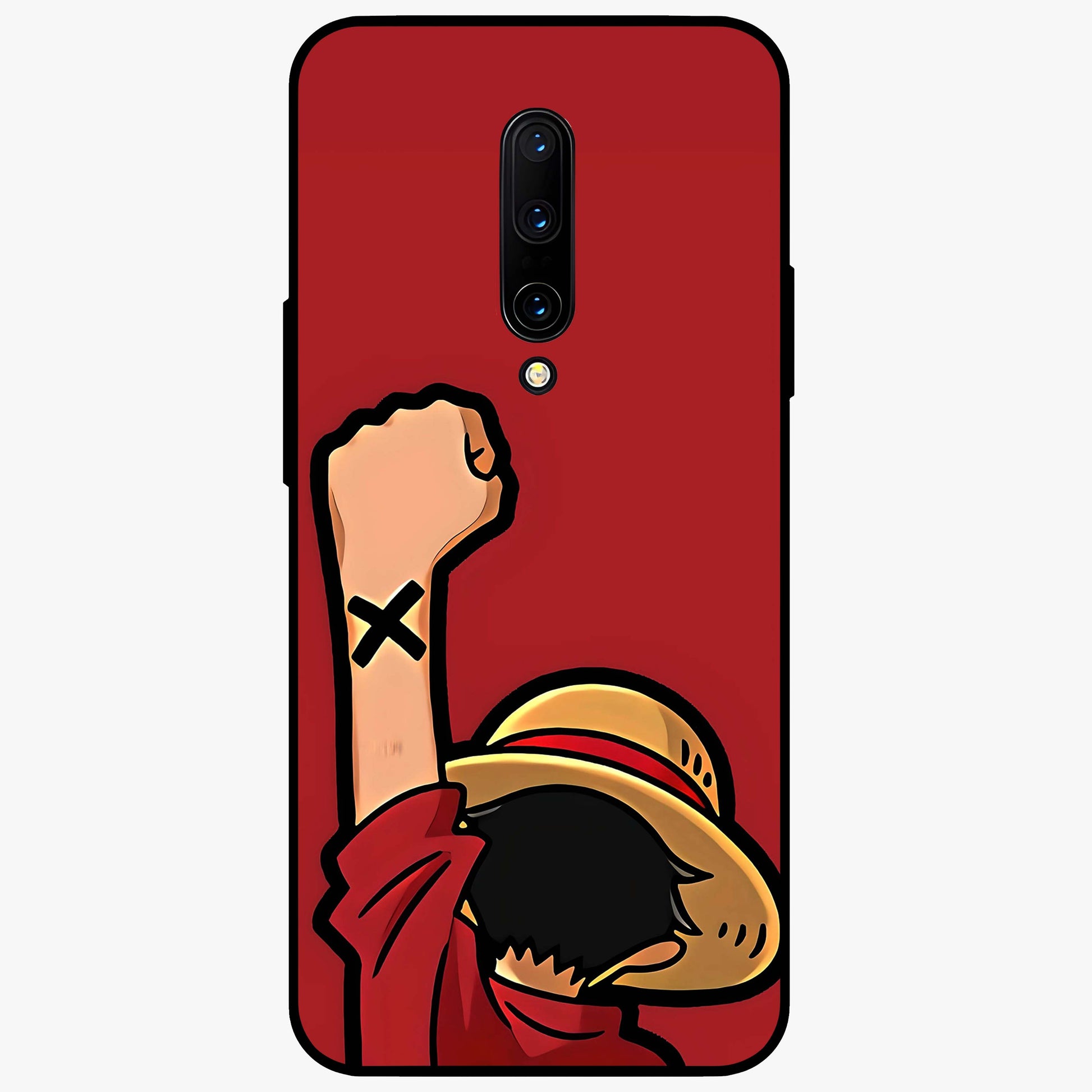 Luffy X Spirit Glass Case showing flat back view with bold anime character artwork and glossy glass finish.