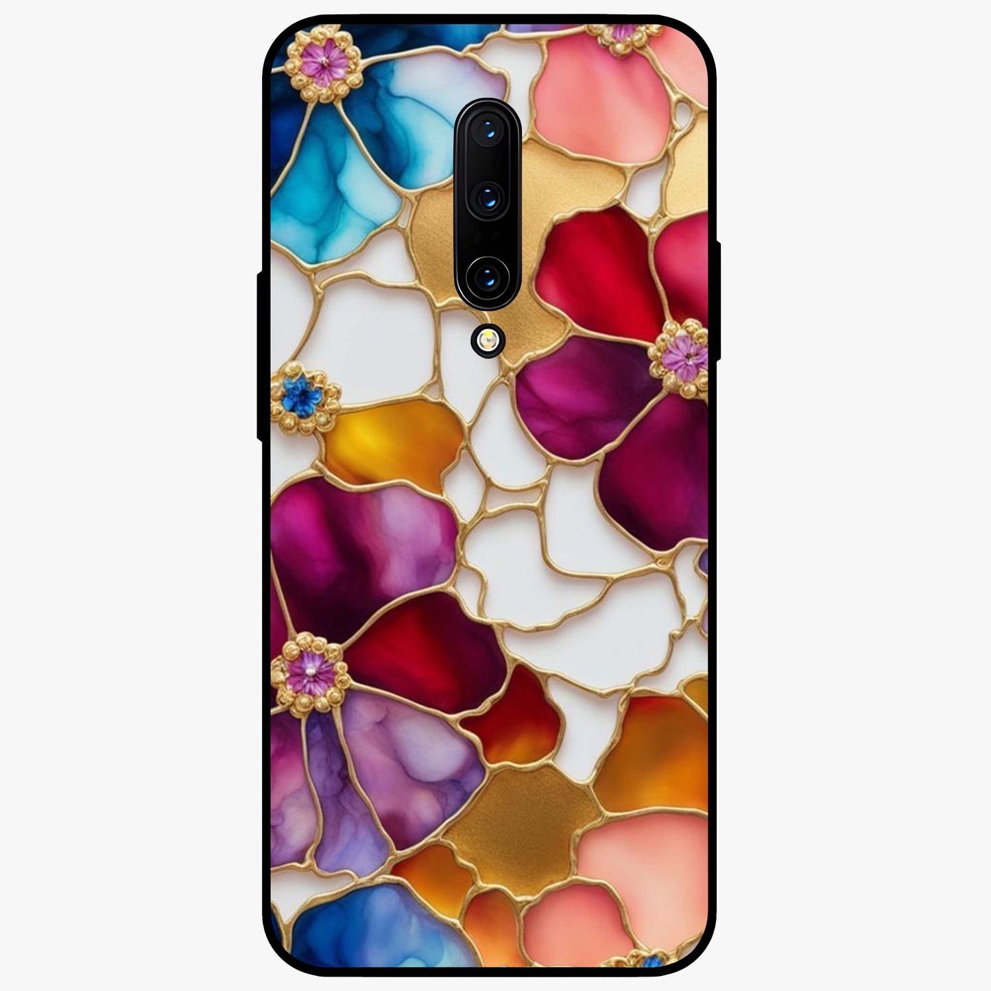 Marble Flower Pattern Glass Case showing flat back view with marble texture floral artwork and glossy glass finish.