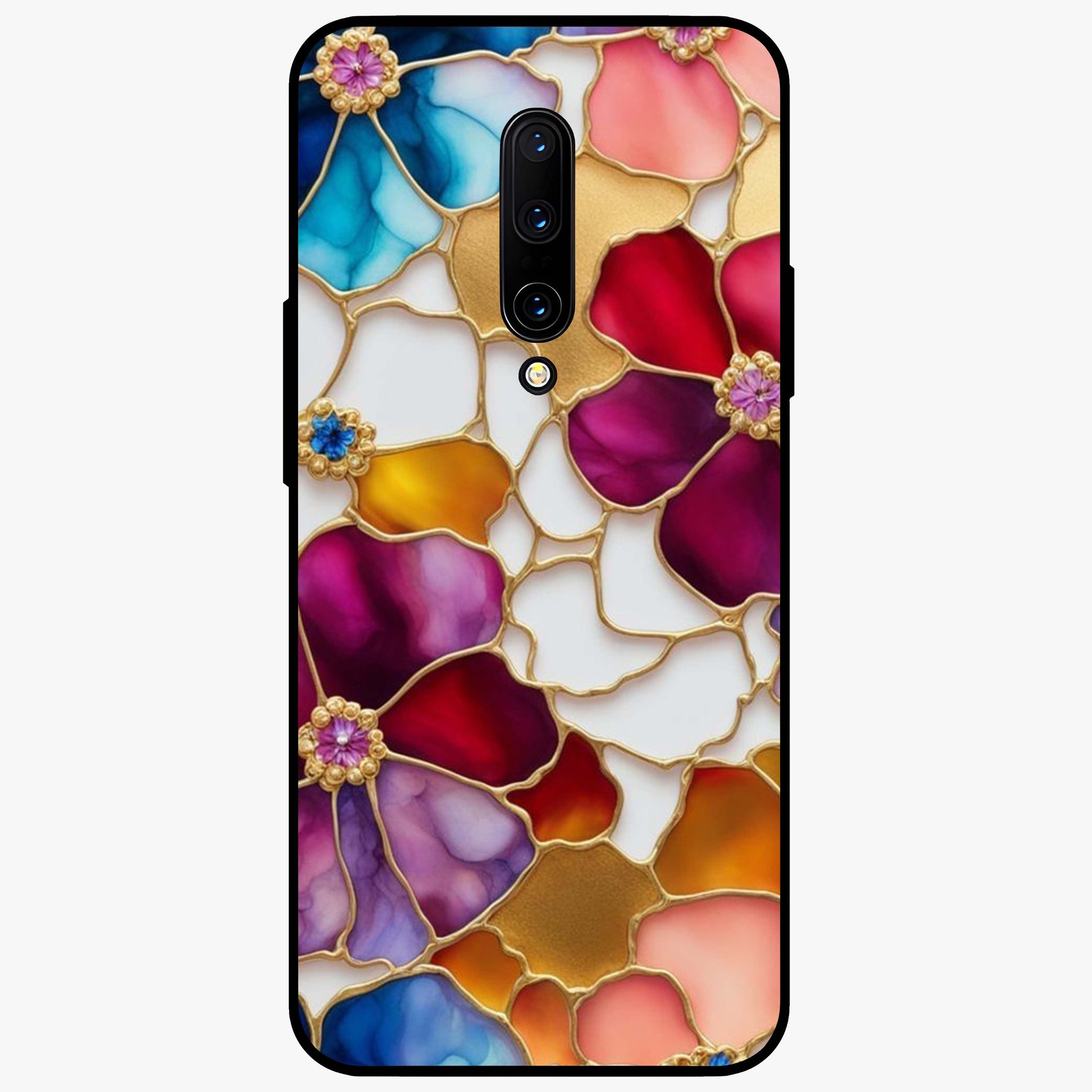Marble Flower Pattern Glass Case showing flat back view with marble texture floral artwork and glossy glass finish.