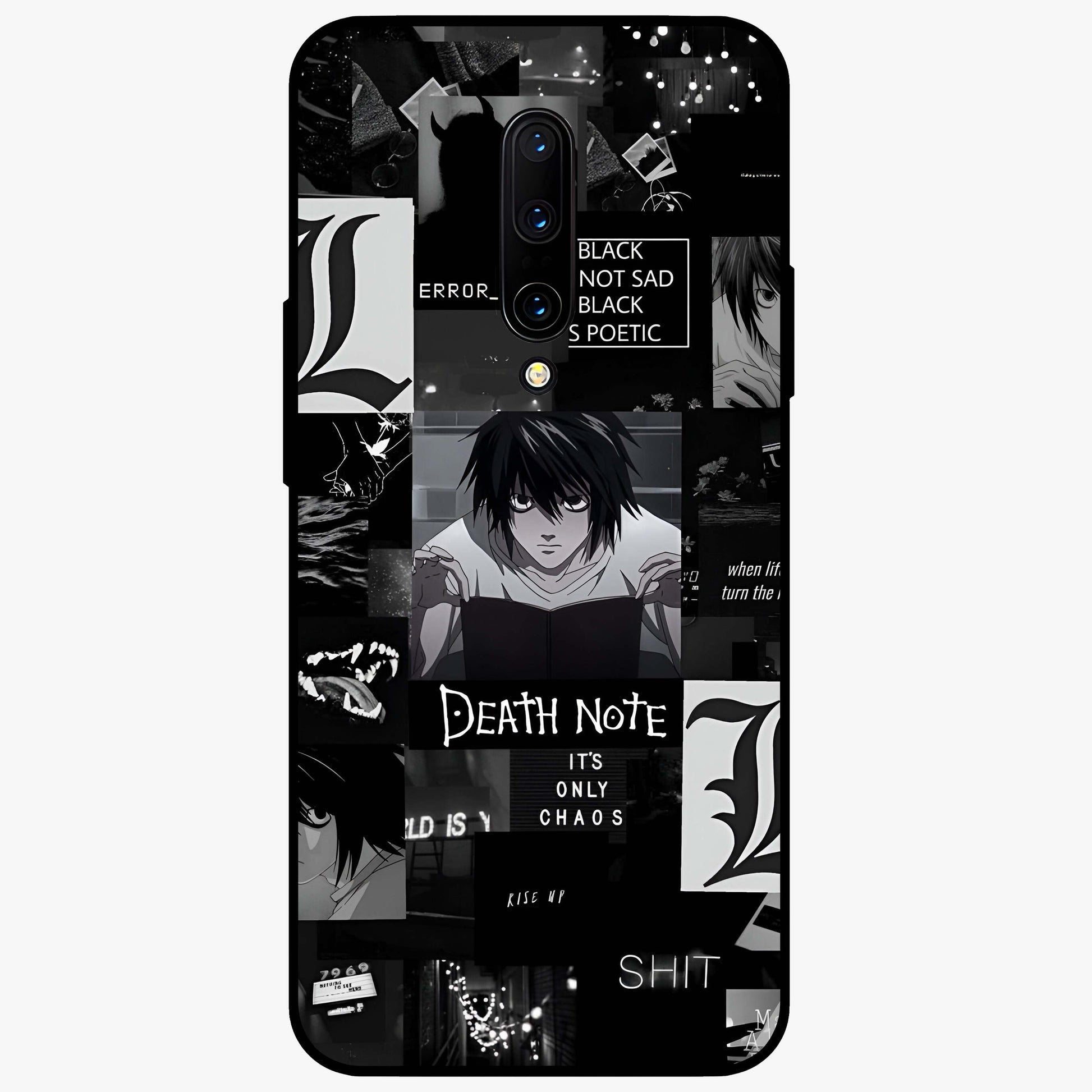 Midnight Chaos Mind Glass Case showing flat back view with abstract dark themed artwork and glossy glass finish.