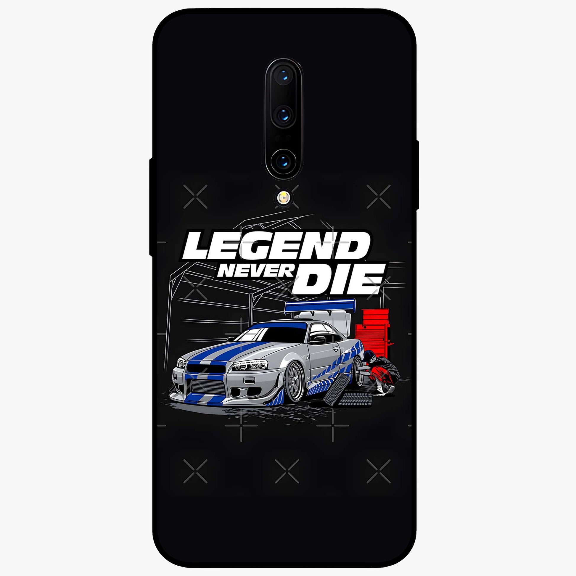 Midnight Racing Legacy Glass Case showing flat back view with sleek racing inspired artwork and glossy glass finish.