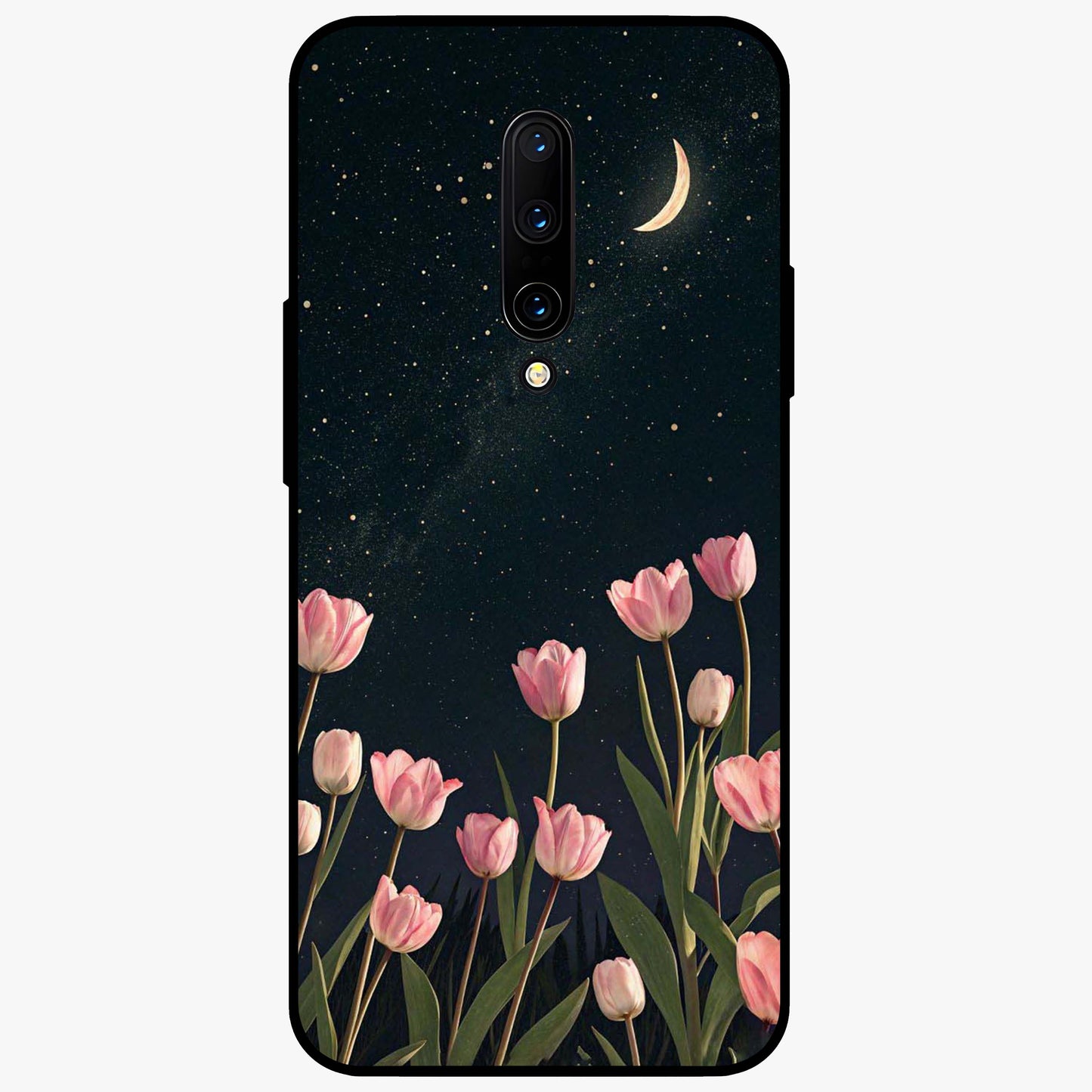 Midnight Tulip Whispers Vibe Glass Case showing flat back view with elegant tulip flower artwork and glossy glass finish.