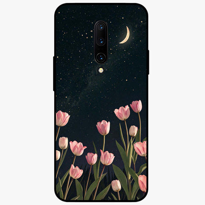Midnight Tulip Whispers Vibe Glass Case showing flat back view with elegant tulip flower artwork and glossy glass finish.