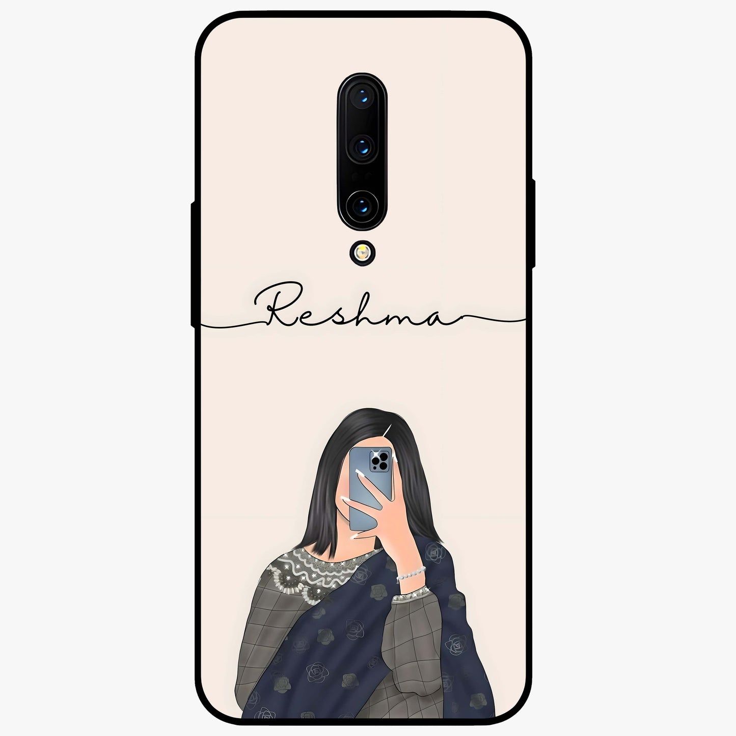 Mirror Mood Muse With Custom Name Glass Case showing flat back view with stylish mirrored artwork and personalized name design.