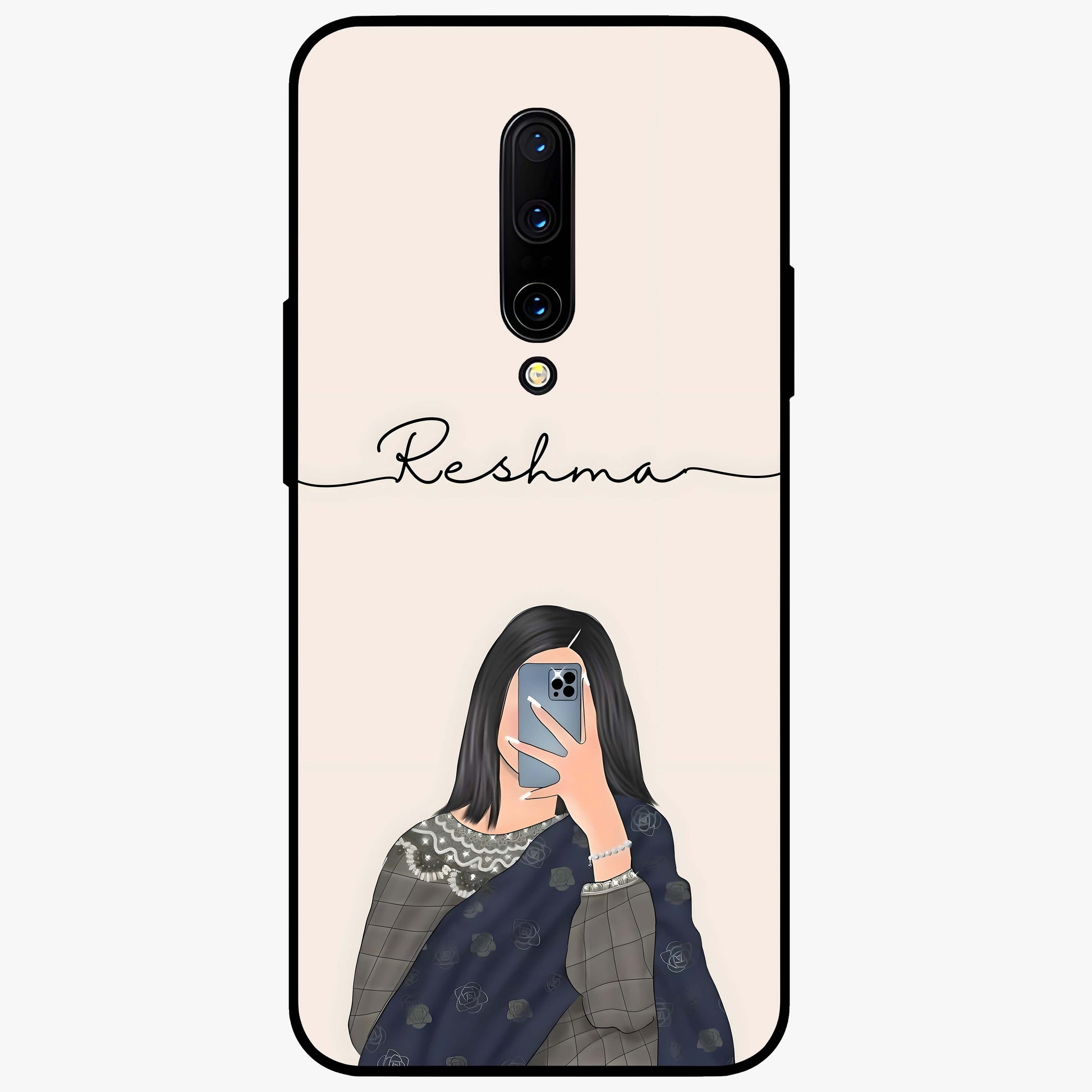 Mirror Mood Muse With Custom Name Glass Case showing flat back view with stylish mirrored artwork and personalized name design.