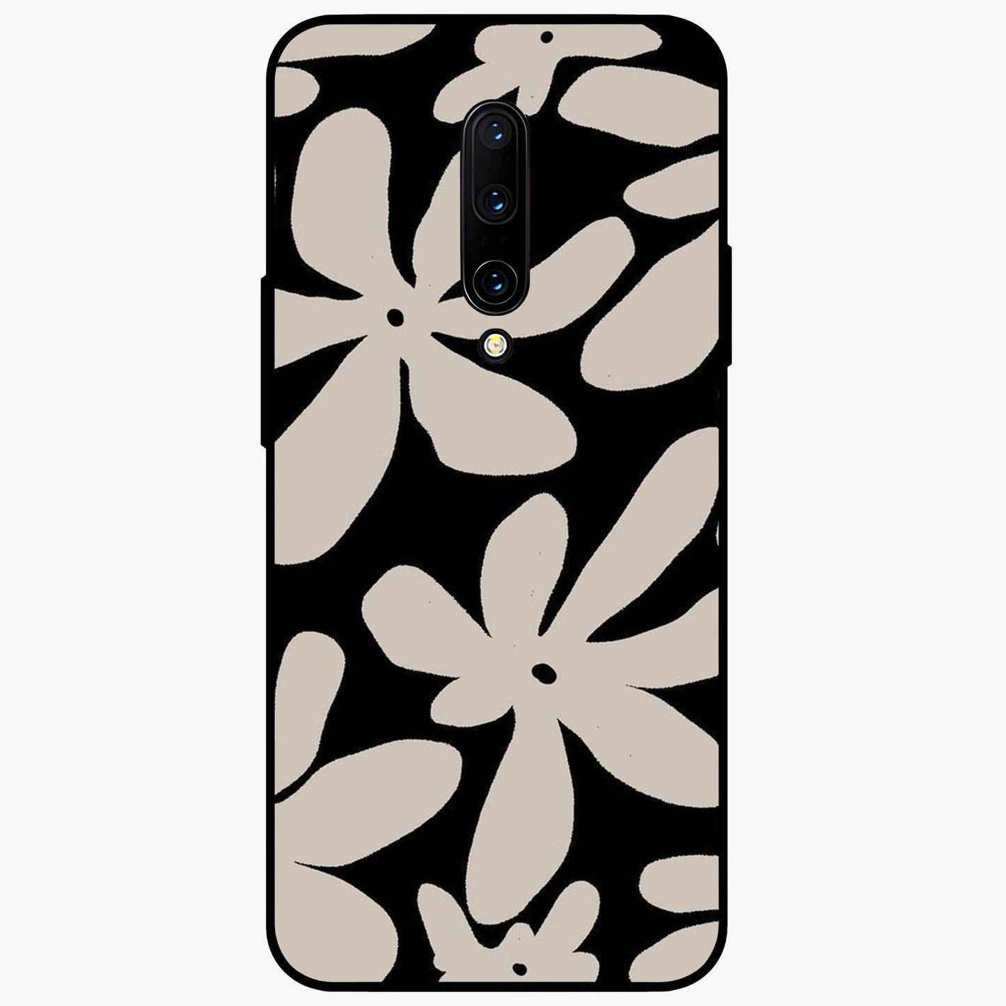 Monochrome Petal Dance Glass Case showing flat back view with monochrome floral artwork and glossy glass finish.
