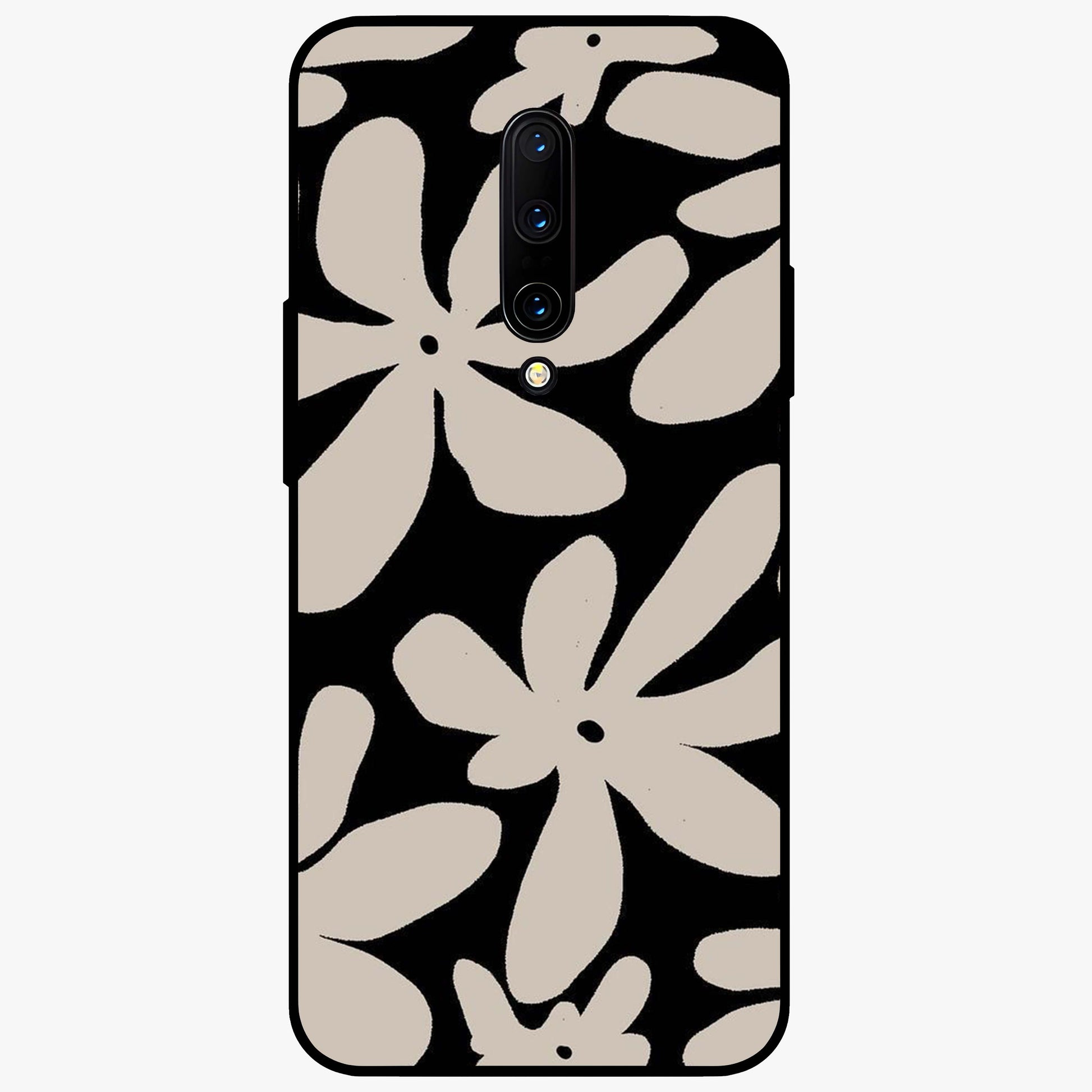 Monochrome Petal Dance Glass Case showing flat back view with monochrome floral artwork and glossy glass finish.