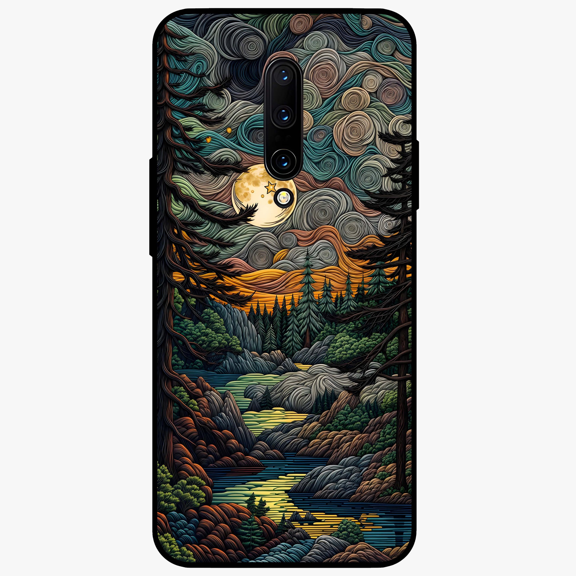 Moonlight Forest Dream Glass Case showing flat back view with mystical forest moonlight artwork and glossy glass finish.