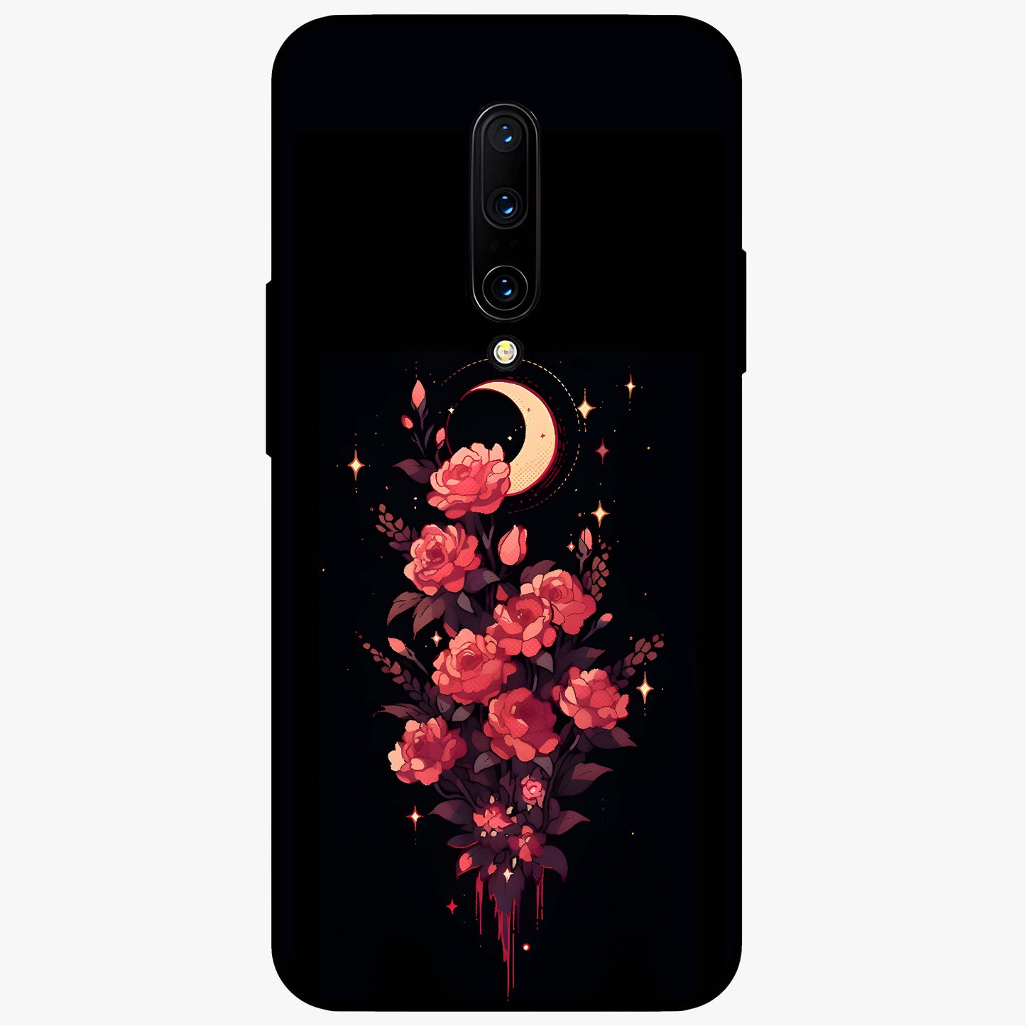 Moonlit Floral Elegance Glass Case showing flat back view with elegant floral artwork under moonlit tones and glossy glass finish.