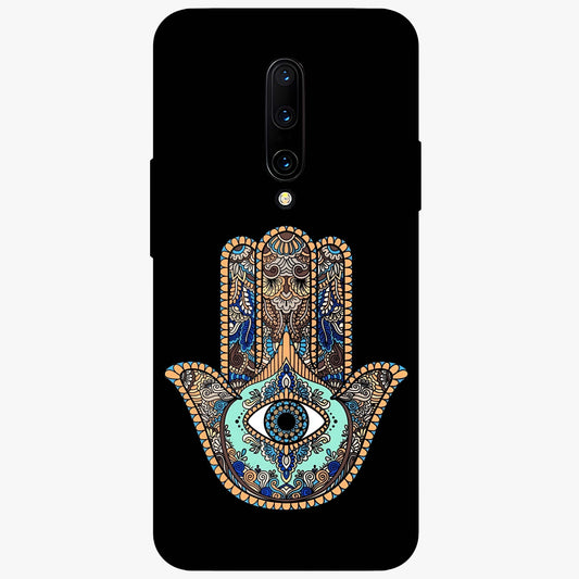 Mystic Hamsa Eye Glass Case showing flat back view with protective hamsa hand and evil eye artwork and glossy glass finish.