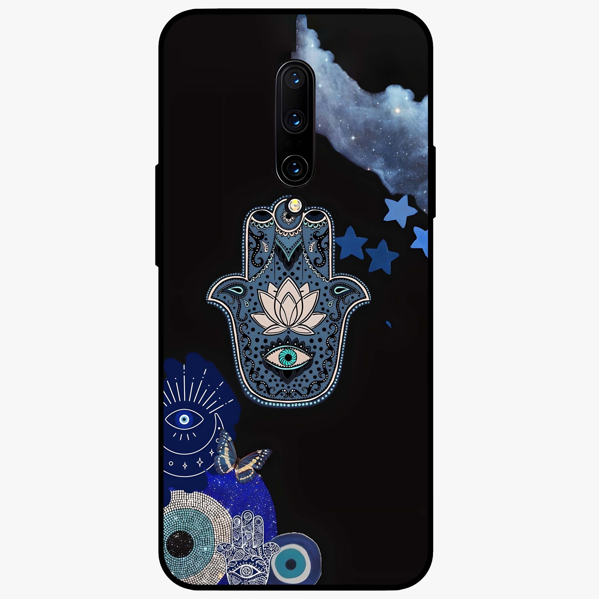 Mystic Hand Aura Glass Case showing flat back view with mystical hand symbol artwork and glossy glass finish.