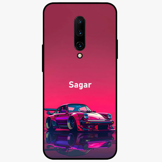 Neon Pink Porsche Glass Case showing flat back view with stylish sports car artwork and glossy glass finish.