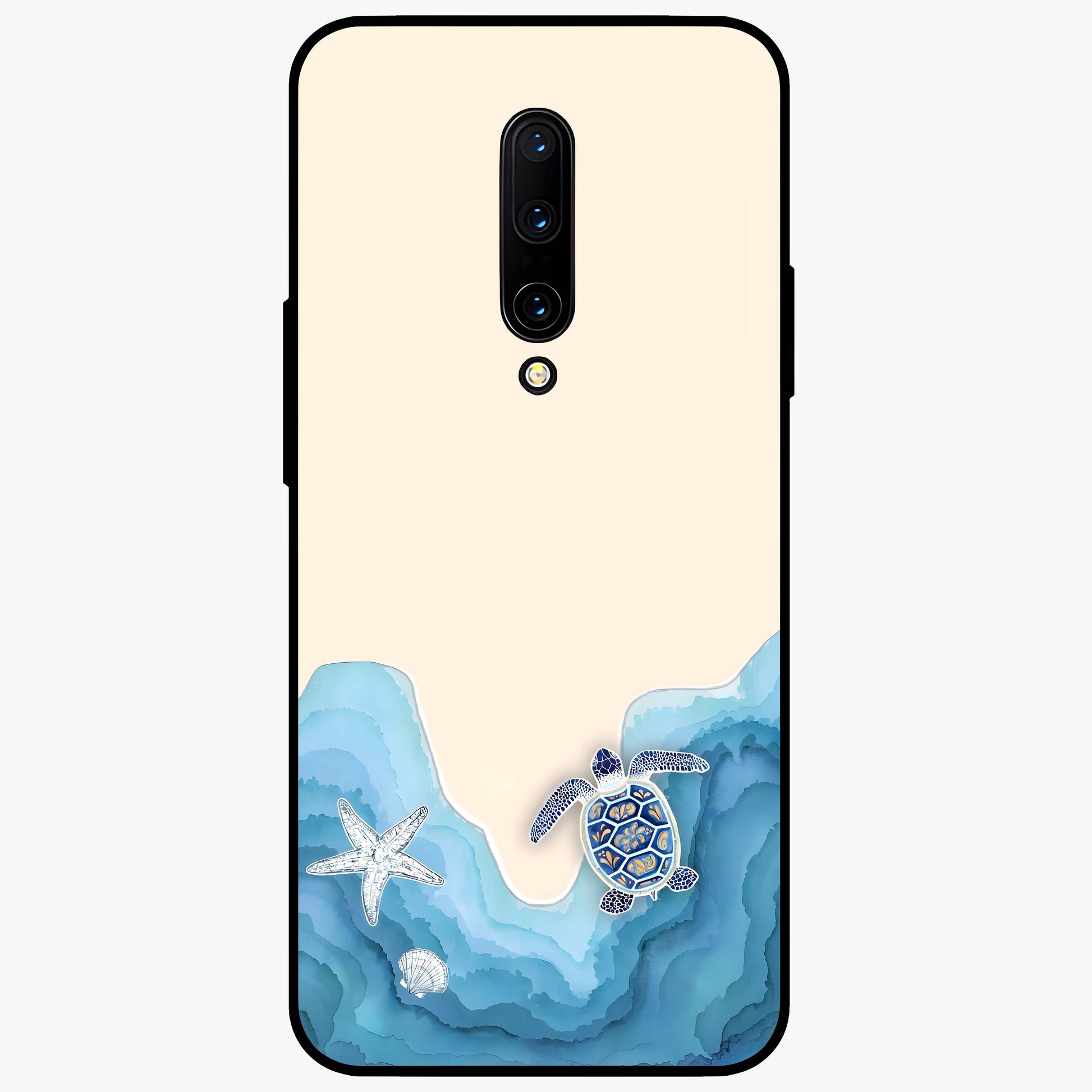 Ocean Drift Turtle Glass Case showing flat back view with sea turtle artwork and glossy glass finish.