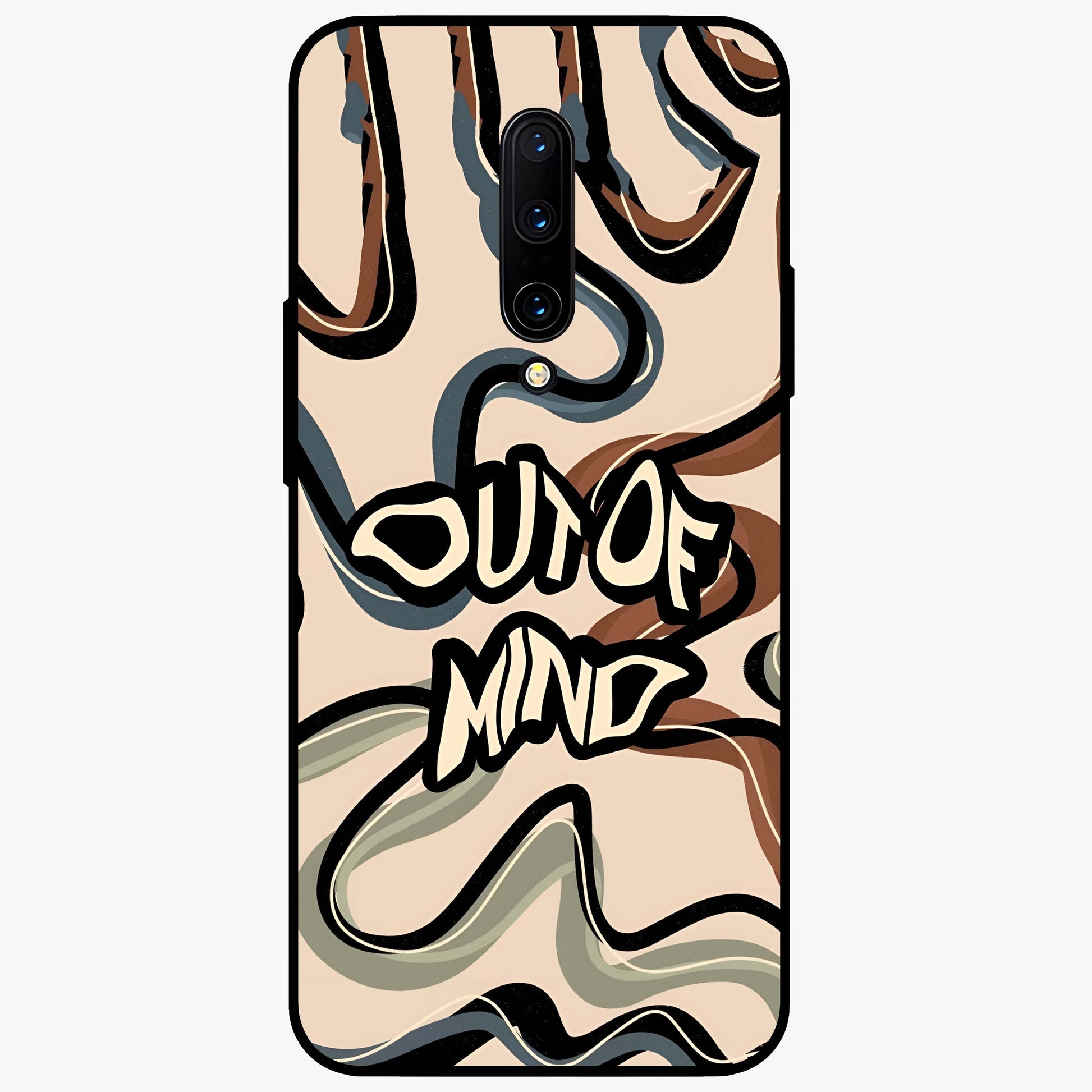 Out Of Mind Glass Case showing flat back view with expressive typography artwork and glossy glass finish.