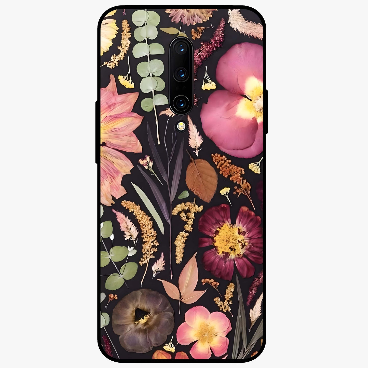 Petal Dream Tapestry Glass Case showing flat back view with intricate floral tapestry artwork and glossy glass finish.
