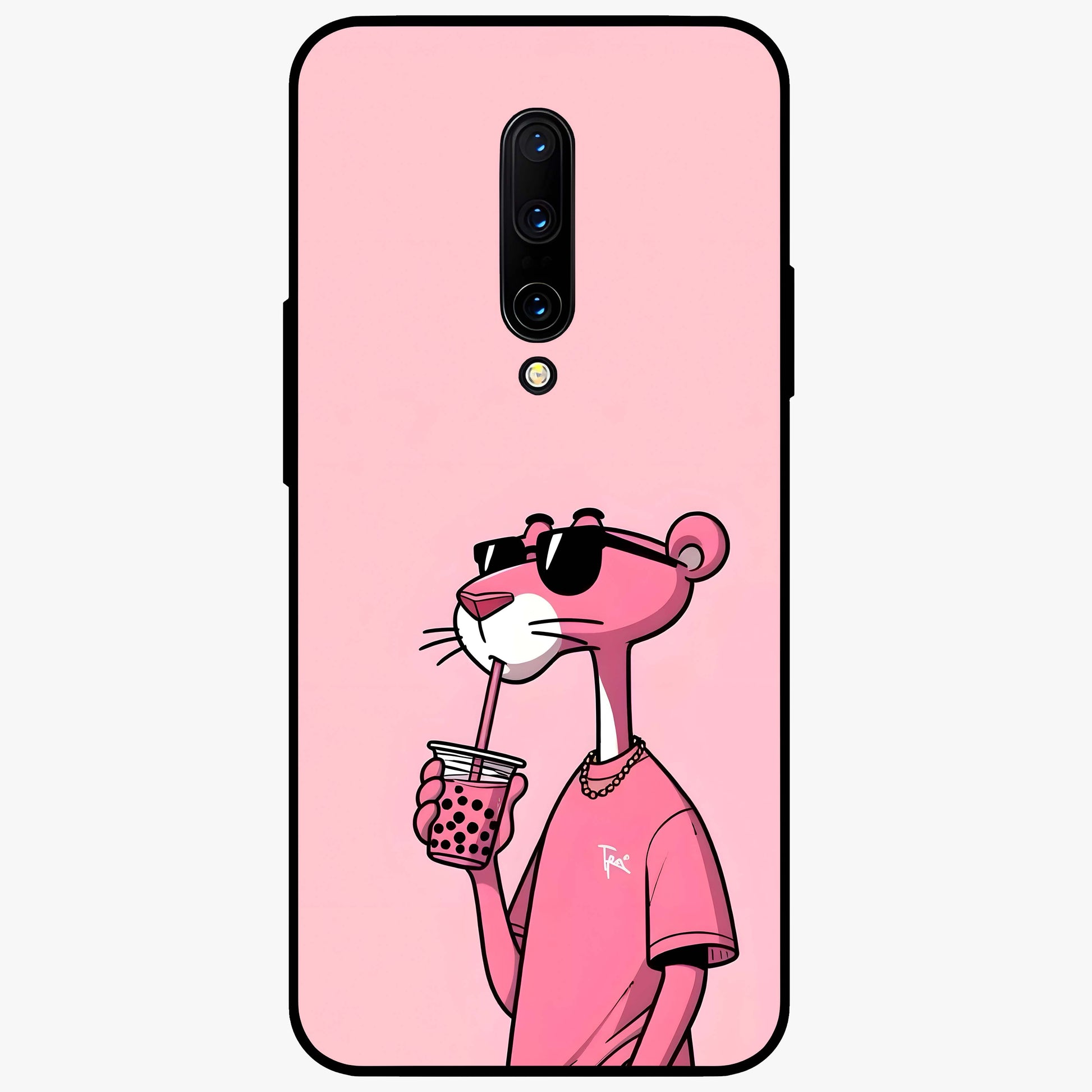 Pink Panther Glass Case showing flat back view with iconic pink panther artwork and glossy glass finish.
