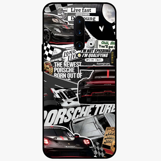 Porsche Racing Collage Glass Case showing flat back view with sports car racing collage artwork and glossy glass finish.